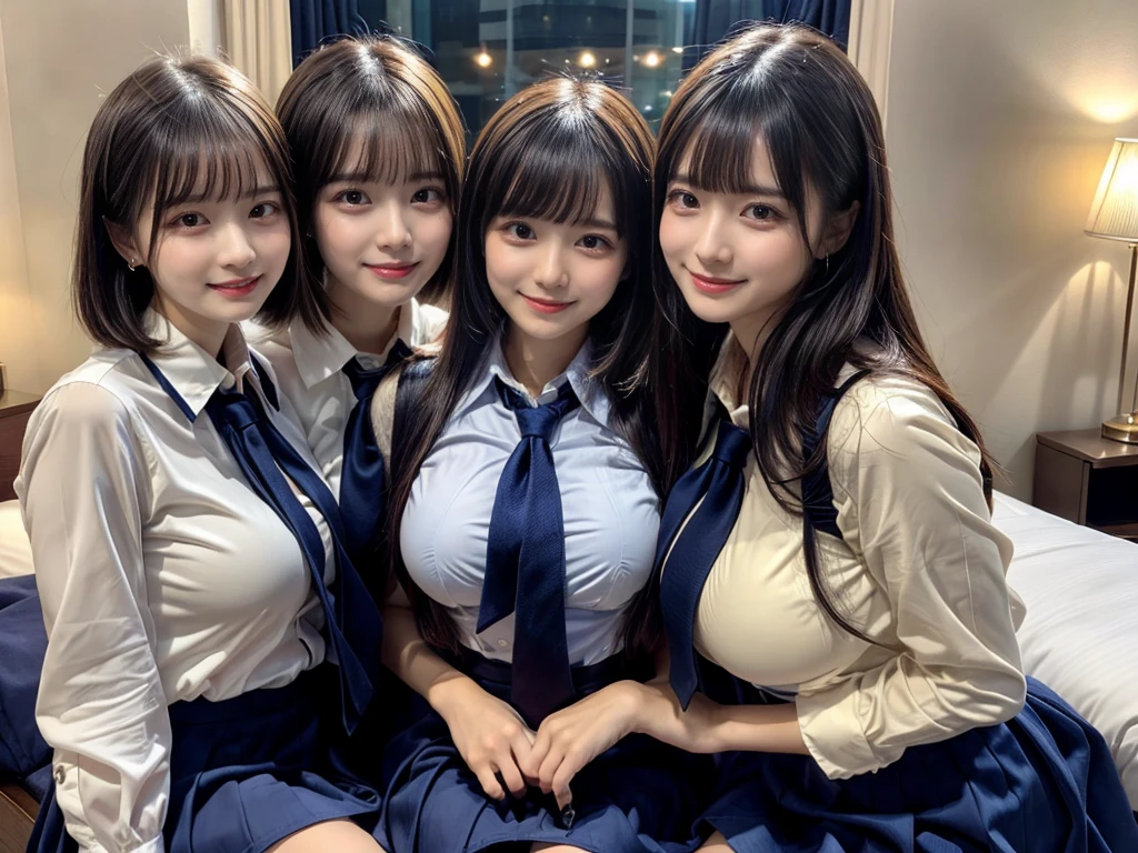 (8K, Raw photography, top-quality, ​masterpiece:1.2),  ((3 beatiful girls))、.（Realistic Skins 1.4）、（（（female high-school student、School Uniforms、）））、{{‎(The background is a luxury hotel room}}（（School Uniforms、white Cutter shirt、darkblue pleatedskirt))、（(long hair)）、((One has short hair)),（A dark-haired、The forehead is hidden by bangs、）、Black eyes、shinny skin.Beautiful delicate face、Beautiful delicate eyes、｛Voluptuous body shape、Thicker thighs｝、One piercing in each ear、((smile:1.3)),((large breasts)), ((navy blue tie)) ,looking at camera, ((close up))
