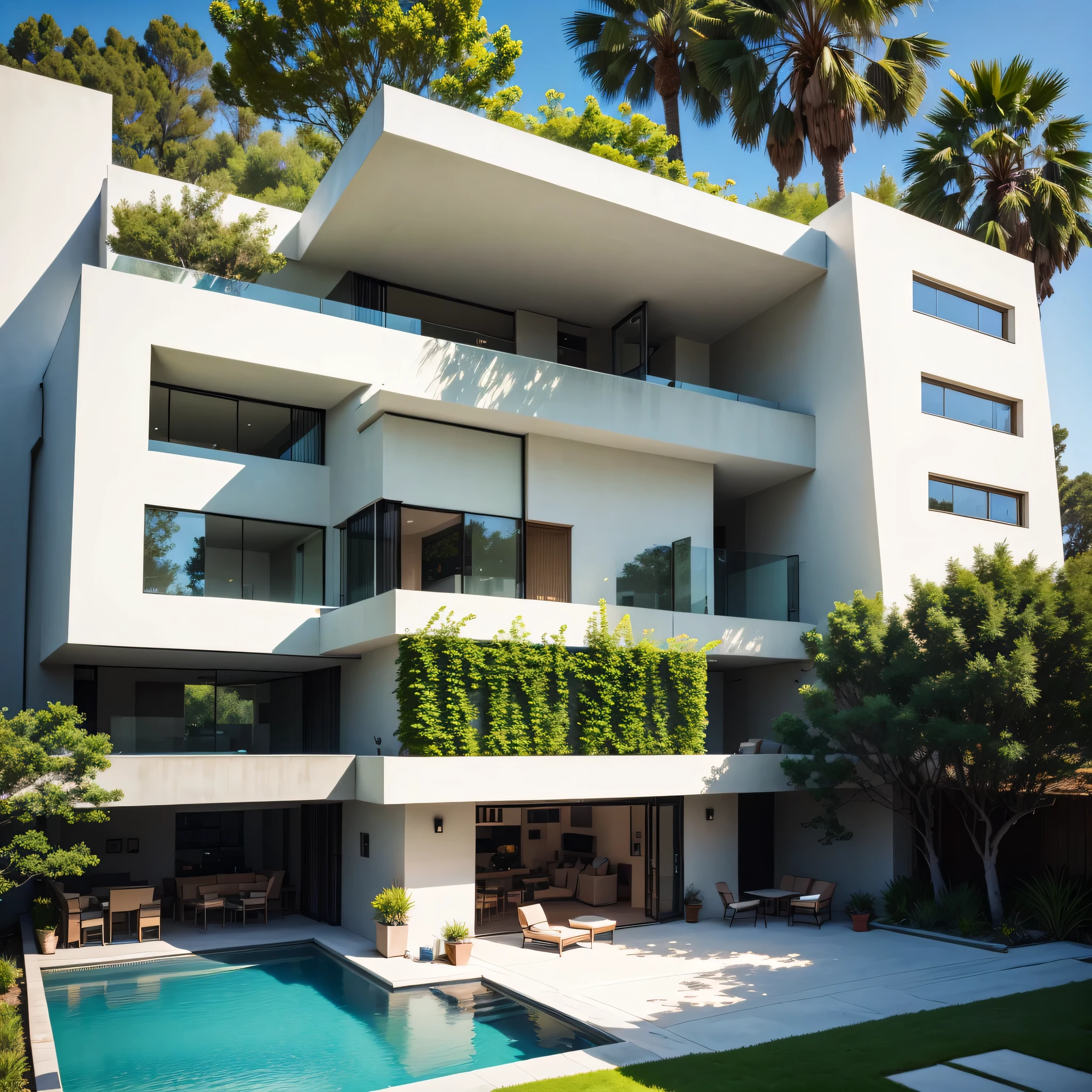 Bel air Los Angeles modern architecture mansion with big gates and fences for privacy, big pool with infinite border, big backyard and yard, luxury mansion with cars, lot of nature, helicopter spot on the top, palm trees, Los Angeles view from the backyard, big mansion, more than one pool, ultra hd, ultra detailed, 4k, 8k, 12k, colored decoration, massive extra big mansion, most expansive mansion of the world, biggest yard possible, drone vision from afar, vivid colors, modern mansion style, flat construction, new century architecture