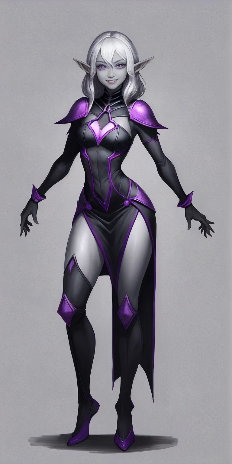 ((1girl)) full body, standing symmetrical contrapposto looking to viewer grey skin drow elf mature, detailed happy face, purple eyes