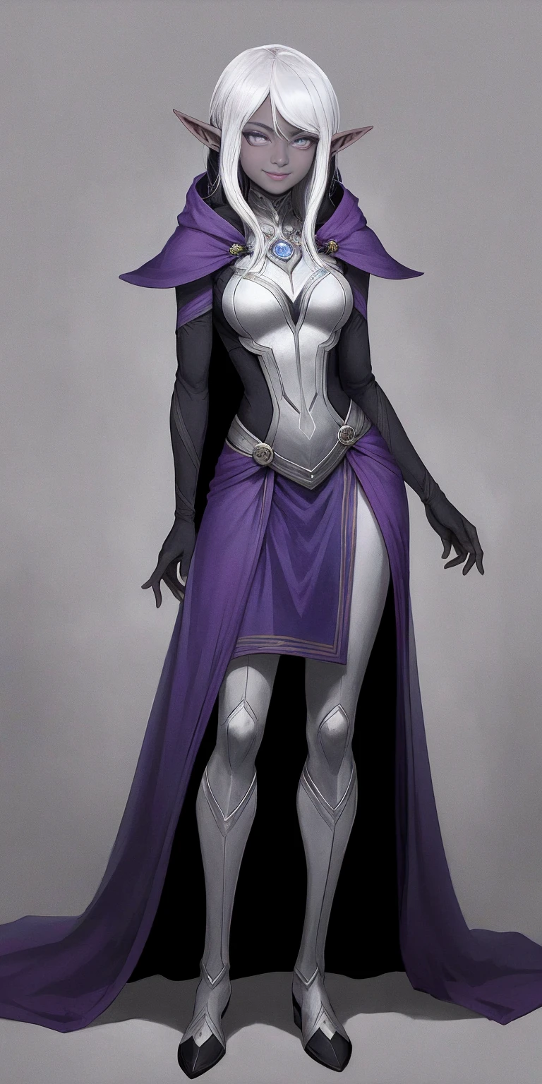 ((1girl)) full body, standing symmetrical contrapposto looking to viewer grey skin drow elf mature, detailed happy face, purple eyes