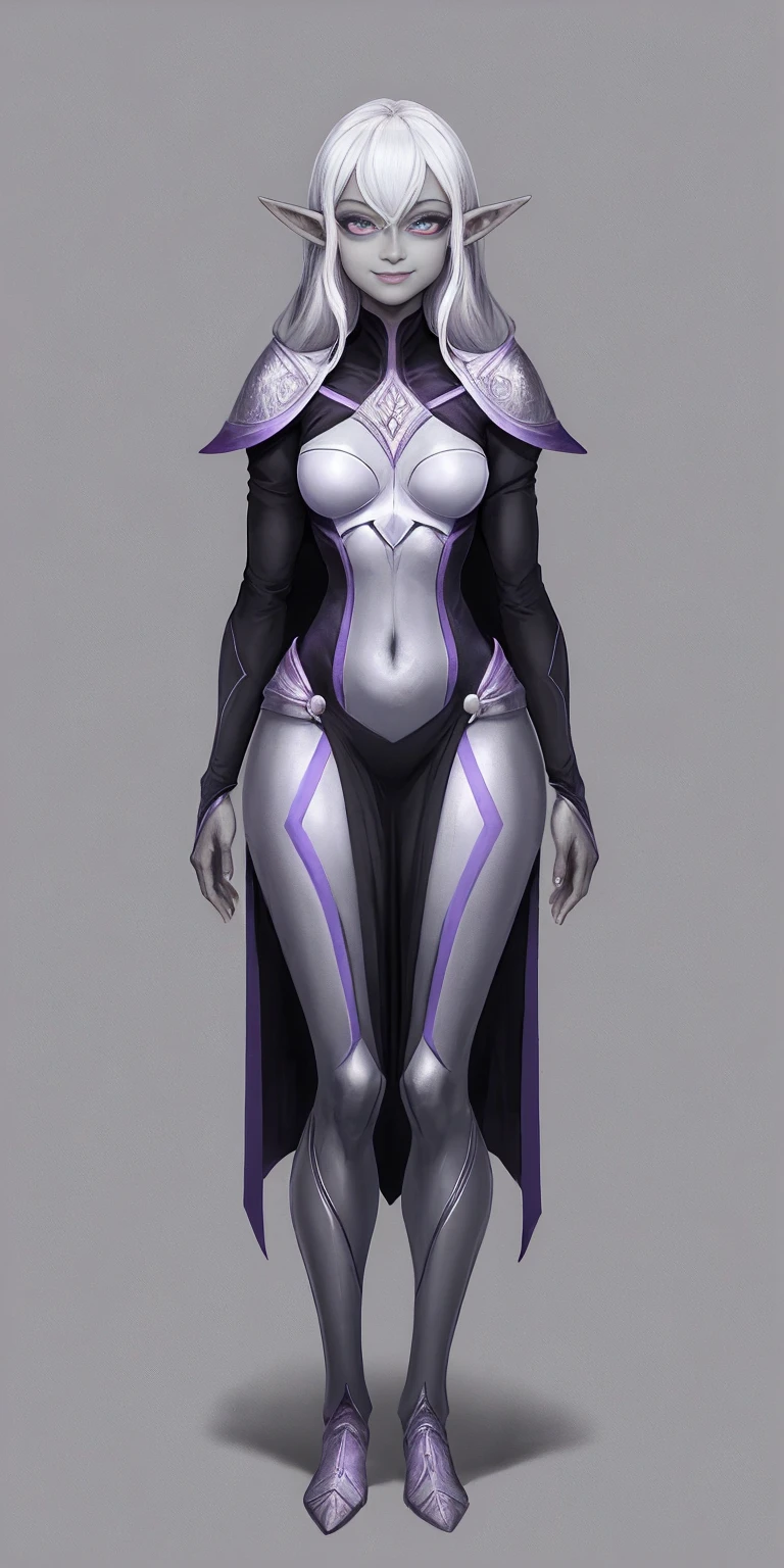 ((1girl)) full body, standing symmetrical contrapposto looking to viewer grey skin drow elf mature, detailed happy face, purple eyes