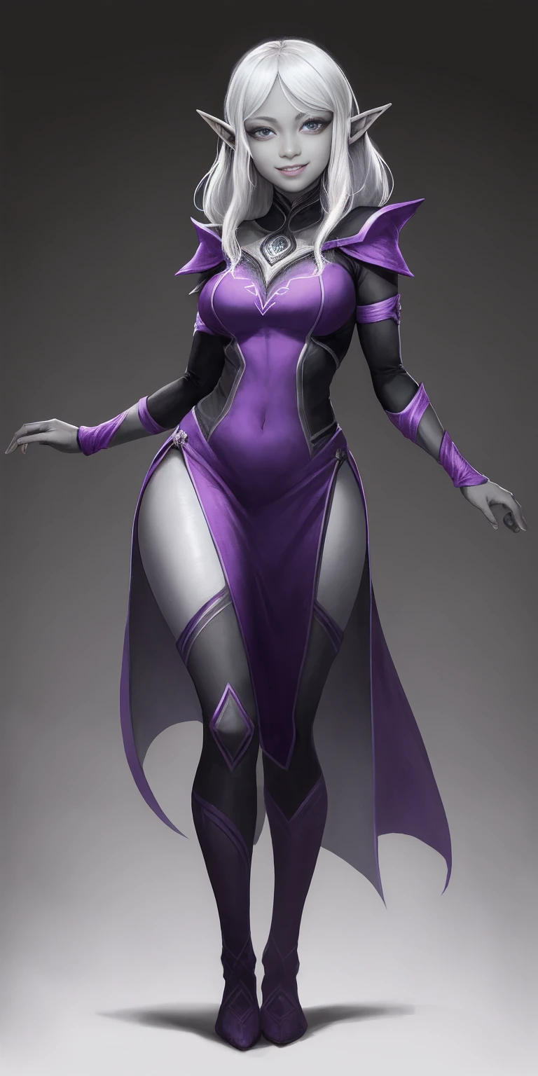 ((1girl)) full body, standing symmetrical contrapposto looking to viewer grey skin drow elf mature, detailed happy face, purple eyes