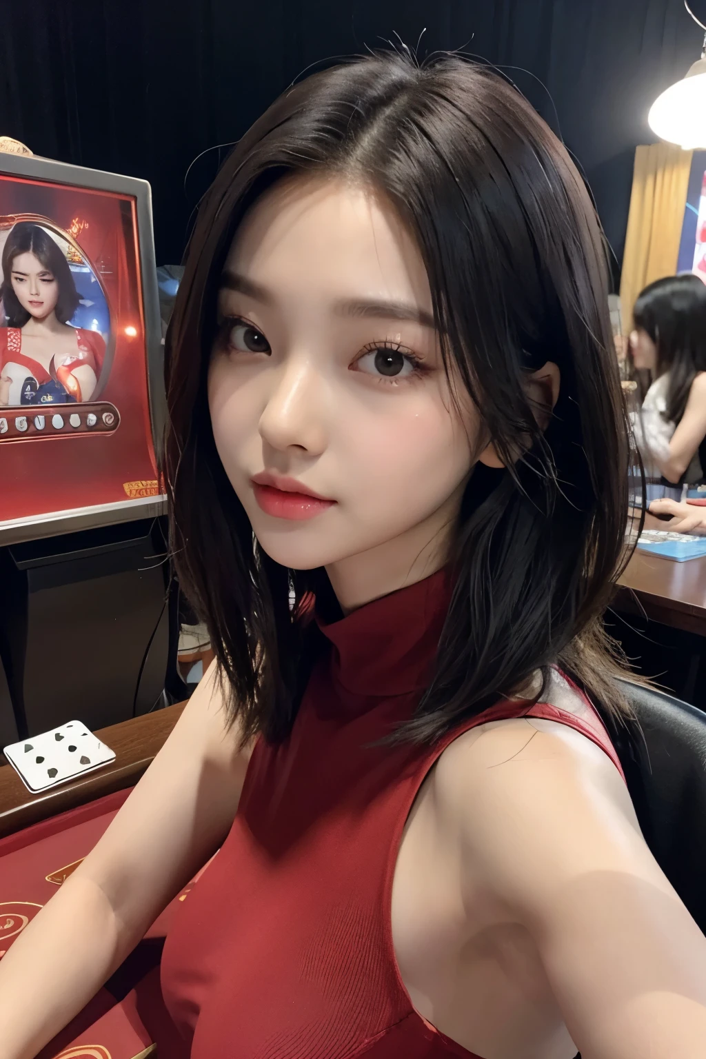 Realistic, High resolution, 1 female, Glowing Skin, alone, Wide lips,Short Hair,Straight hair,Saggy breasts,Small face,Color Contact Lenses,China dress,upward angle,Kissing Mouth,Table games,Card games