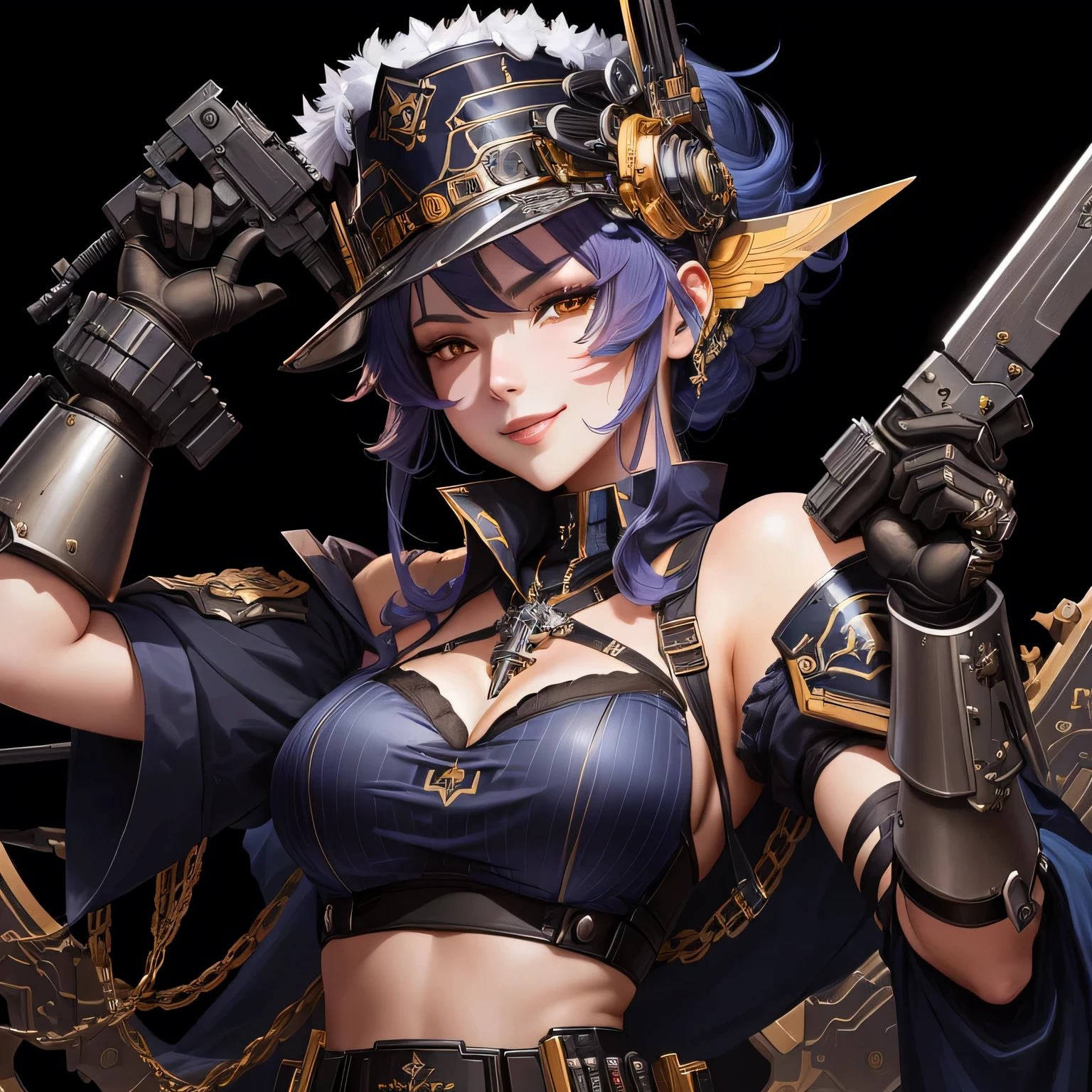 a woman with a sword and a top hat holding a gun, like lady mechanika, mechanized valkyrie girl, detailed anime character art, portrait of lady mechanika, mechanized soldier girl, mechanized witch girl, grinning lasciviously, trending on artstation pixiv, oilpunk, from arknights, detailed key anime art, a very beautiful berserker woman