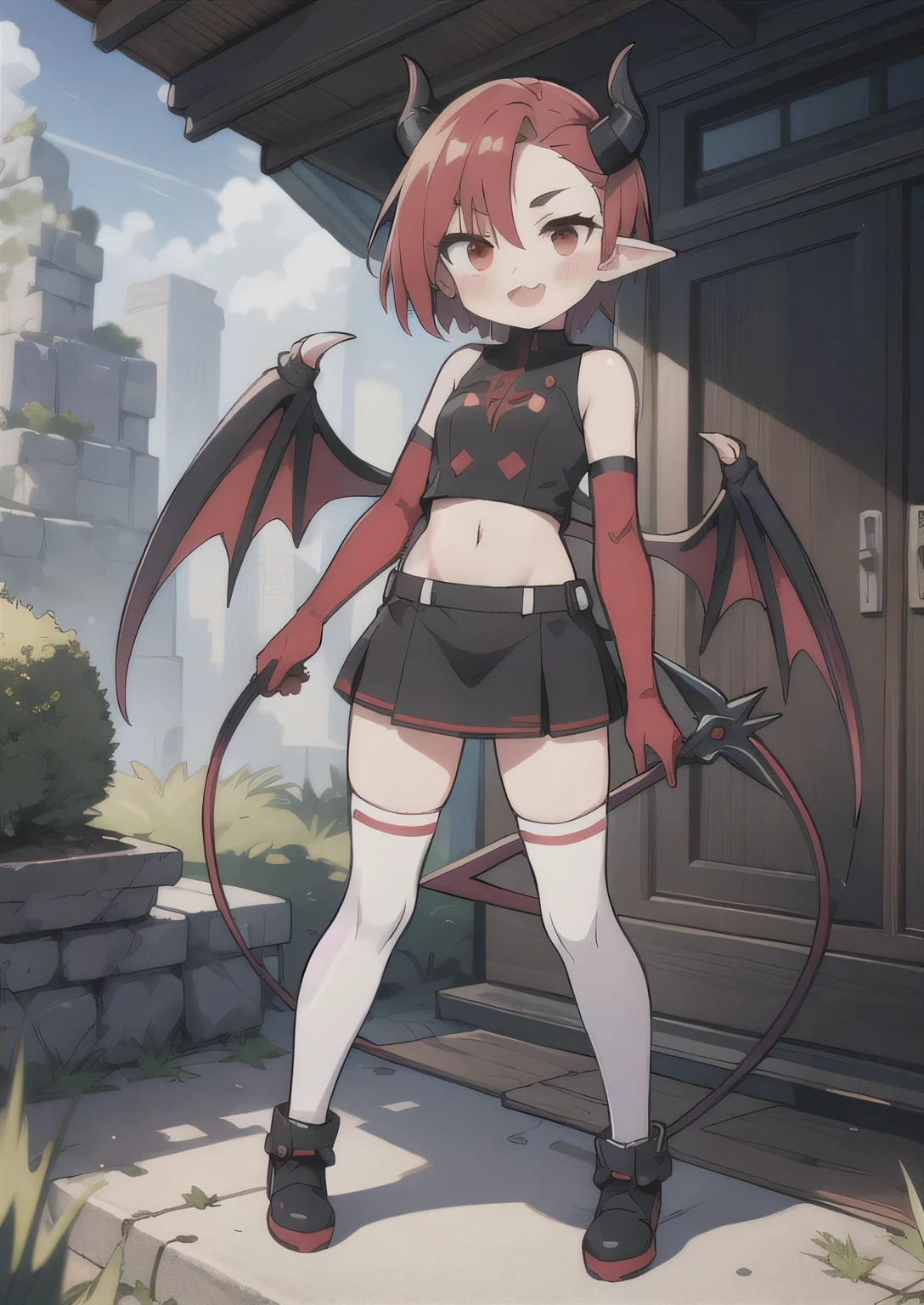 8K, , petit, adult.ii vampire, crimson hair, short hair, red eyes, fang, bat wings, smile, (blush), (shy), pointed ears, looking at viewer, dynamic angle, wind, game cg, fantastic scenery, devil tail, demon tail, thin tail, black horns, medium breast, show full body, swimsuit, hot springs, yokai
