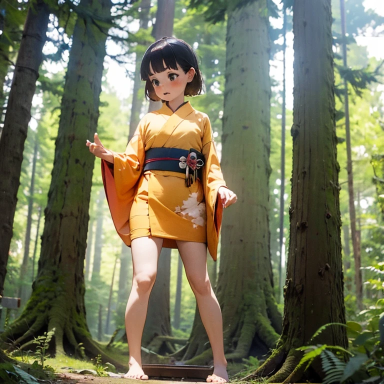 Girl standing in the forest,Short kimono dress,,Beautiful thighs,Embarrassed,To pee,Peeing,Overgrown with trees,barefoot Hold the crotch