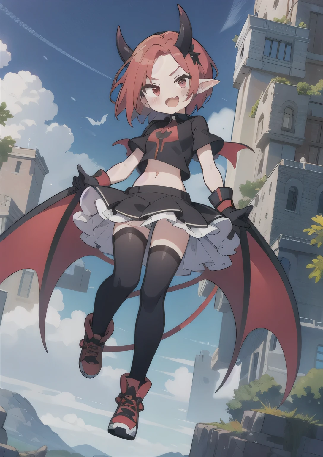 8K, femboy, petit, adult. kawaii vampire, crimson hair, short hair, red eyes, fang, bat wings, smile, (blush), (shy), pointed ears, looking at viewer,  dynamic angle, wind, game cg, fantastic scenery, devil tail,  demon tail, thin tail, black horns, medium breast, show full body, 1boy, male focus, trap, crossdressing,1boy, team rocket,team rocket uniform, red letter R, white skirt,white crop top,black thigh-highs,black elbow gloves