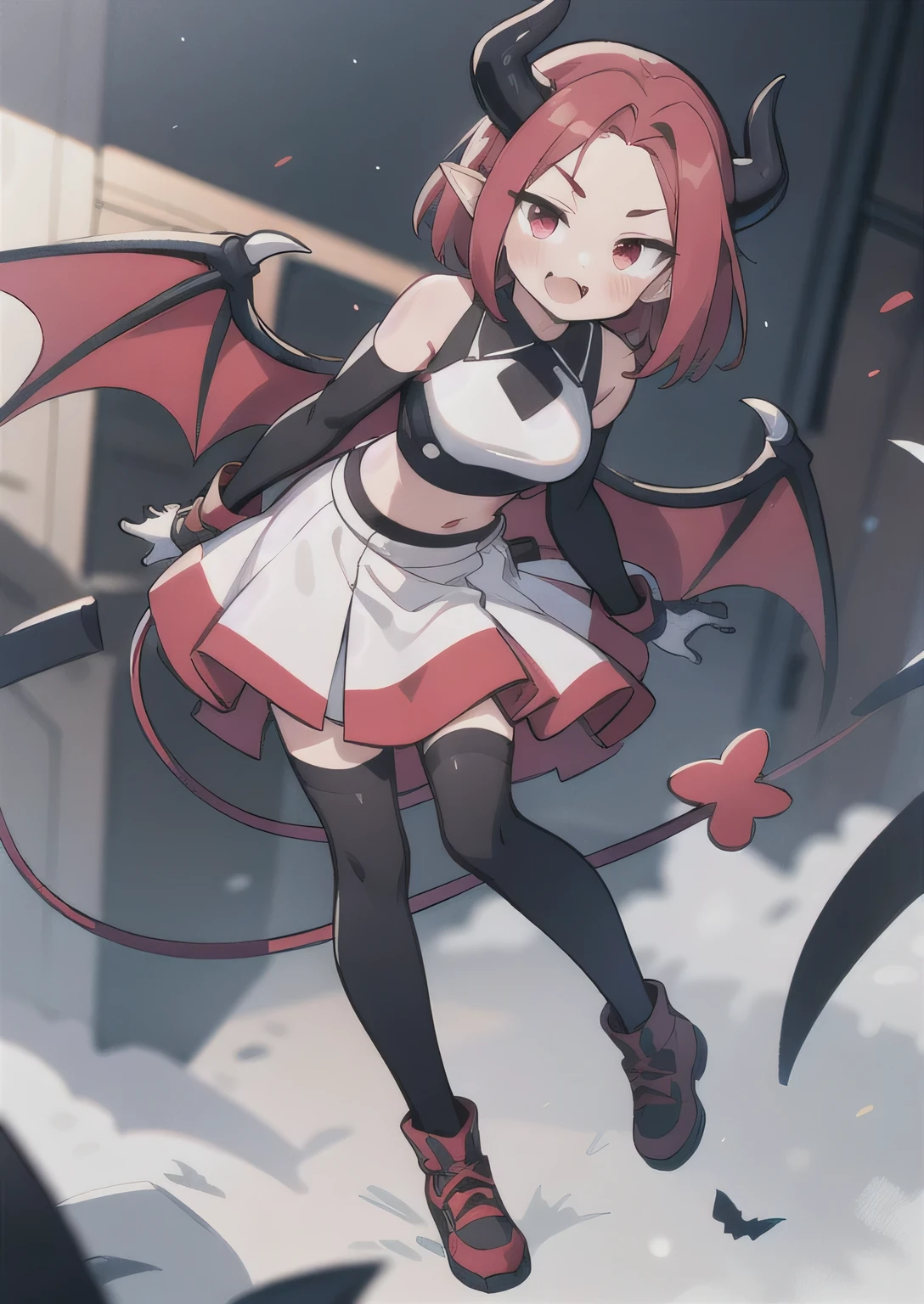 8K, femboy, petit, adult. kawaii vampire, crimson hair, short hair, red eyes, fang, bat wings, smile, (blush), (shy), pointed ears, looking at viewer, dynamic angle, wind, game cg, fantastic scenery, devil tail, demon tail, thin tail, black horns, medium breast, show full body, 1boy, male focus, trap, crossdressing,1boy, team rocket,team rocket uniform, red letter R, white skirt,white crop top,black thigh-highs,black elbow gloves