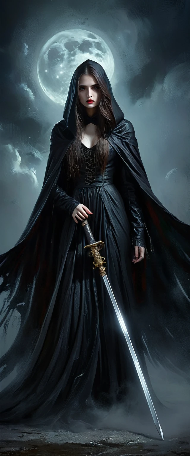 a girl with a black cloak and a scythe,portraits,oil painting,fine details,mysterious atmosphere,sharp focus,high contrast,dramatic lighting,black-and-white image,low key lighting,vivid eyes,long flowing hair,ominous expression,hauntingly beautiful,gothic style