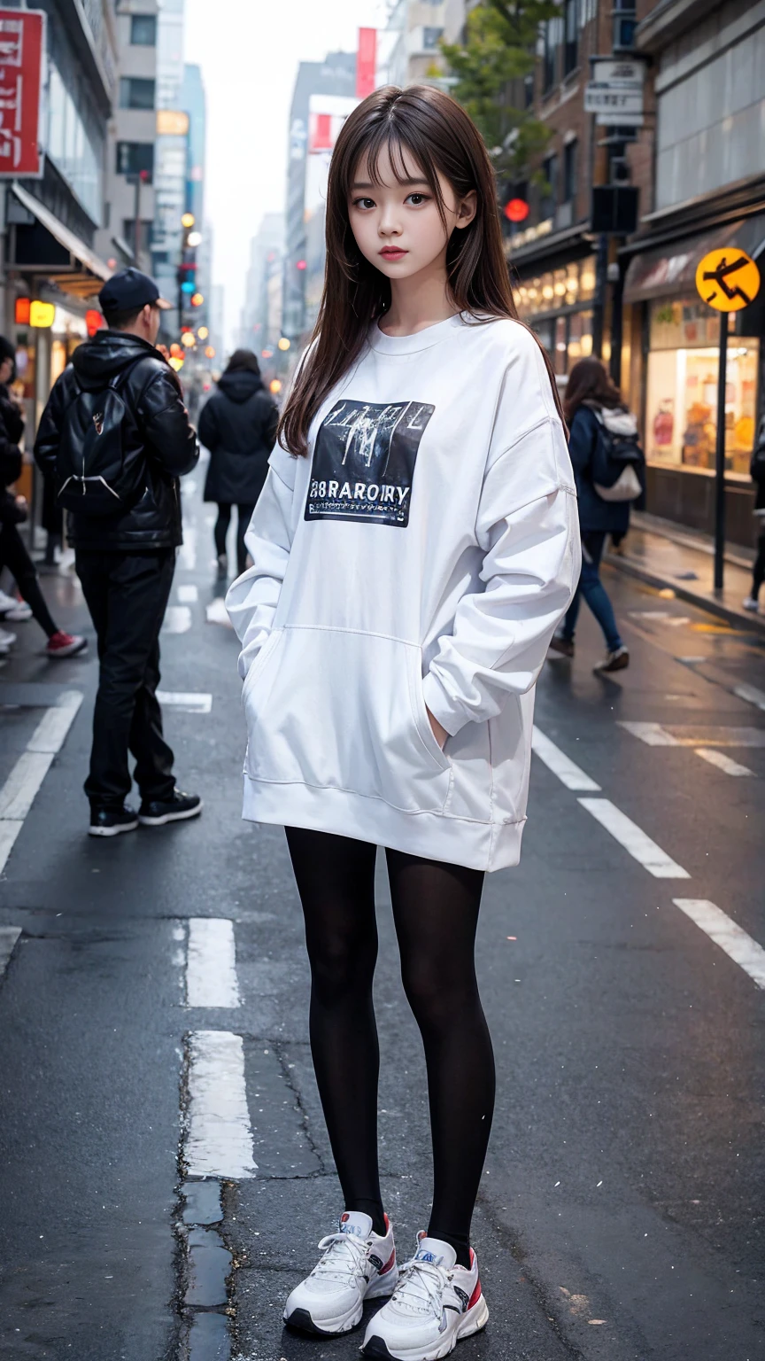 8k，A young woman standing on the street, Blurred Background, fair, Reality