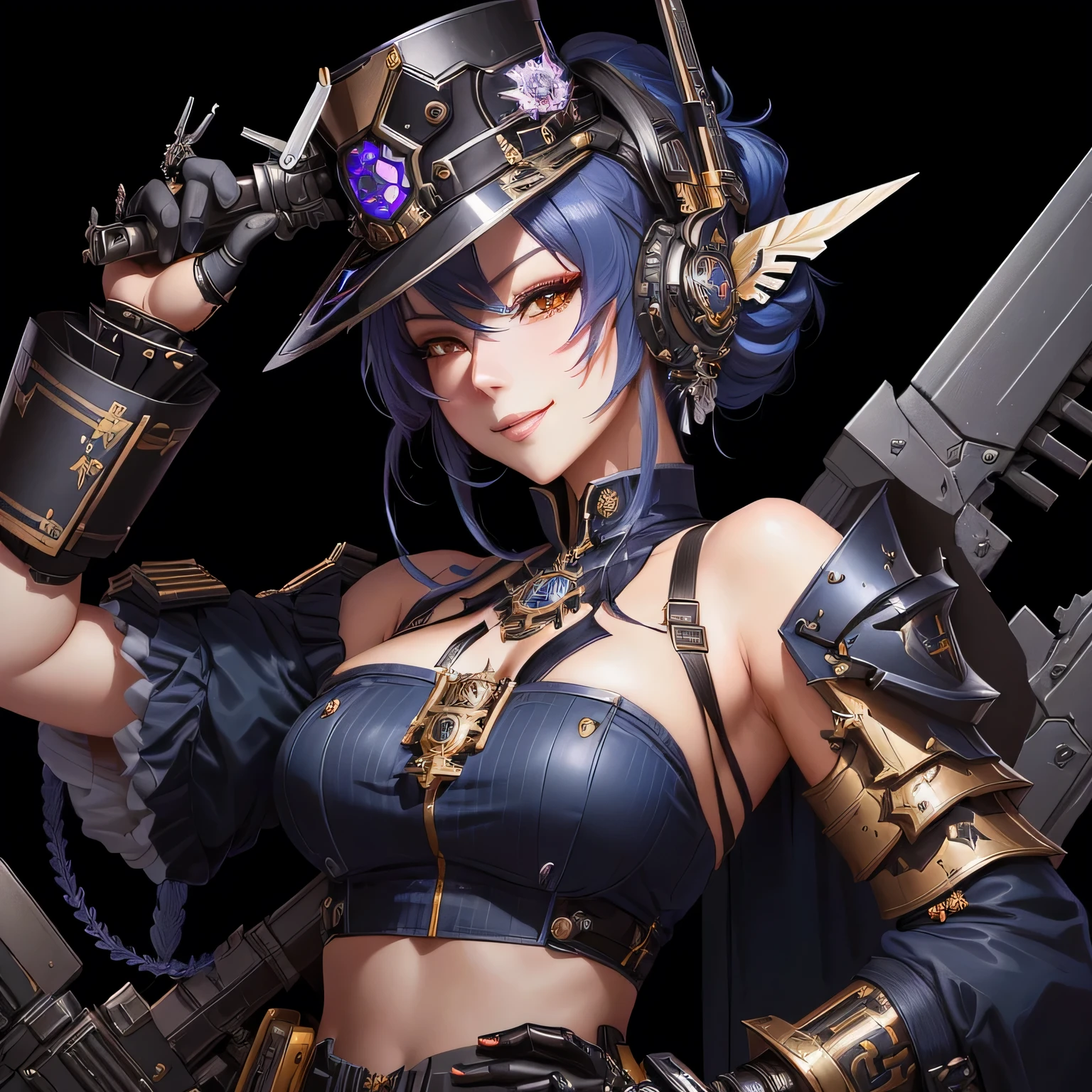 a woman with a sword and a top hat holding a gun, like lady mechanika, mechanized valkyrie girl, detailed anime character art, portrait of lady mechanika, mechanized soldier girl, mechanized witch girl, grinning lasciviously, trending on artstation pixiv, oilpunk, from arknights, detailed key anime art, a very beautiful berserker woman