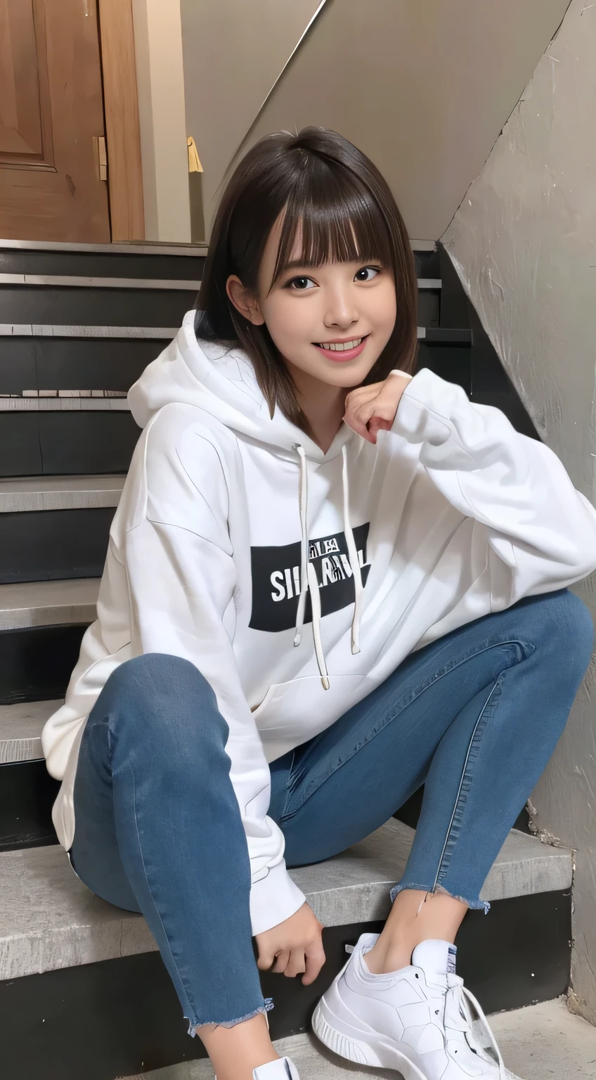 highest quality, Realistic, Very detailed, Finer details, High resolution, 8k wallpaper, One beautiful woman,Sit on the stairs、(Wear black socks)smile、(Beautiful teeth alignment、)(Gums are visible) Oversized hoodie, Skinny jeans,( Black sneakers)、Black Hair、 Beautiful Bangs、ear piercing、Perfect dynamic composition, Beautiful and detailed, Full Body Shot, A big smile brown hair