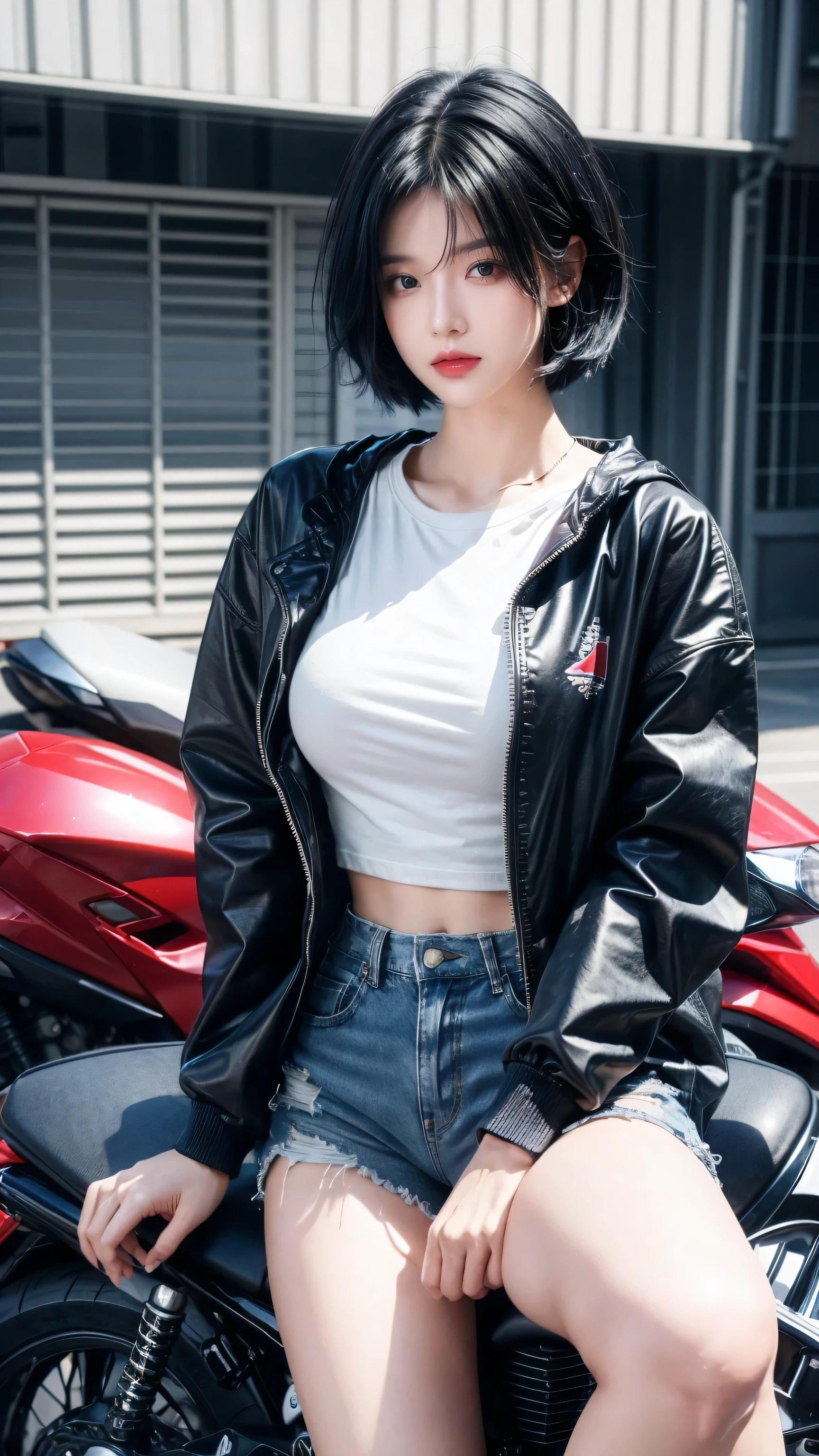 best quality, 1 Girl, dark blue hair, black eyes, Very short hair, Spiky hair, oversize t-shirt, red down jacket, High waist short jeans, 171 cm, Messy hair, Hair between the eyes, Medium breasts, full, Tomboy, aldult, 20 years old, 1 Girl Straddling a motorcycle