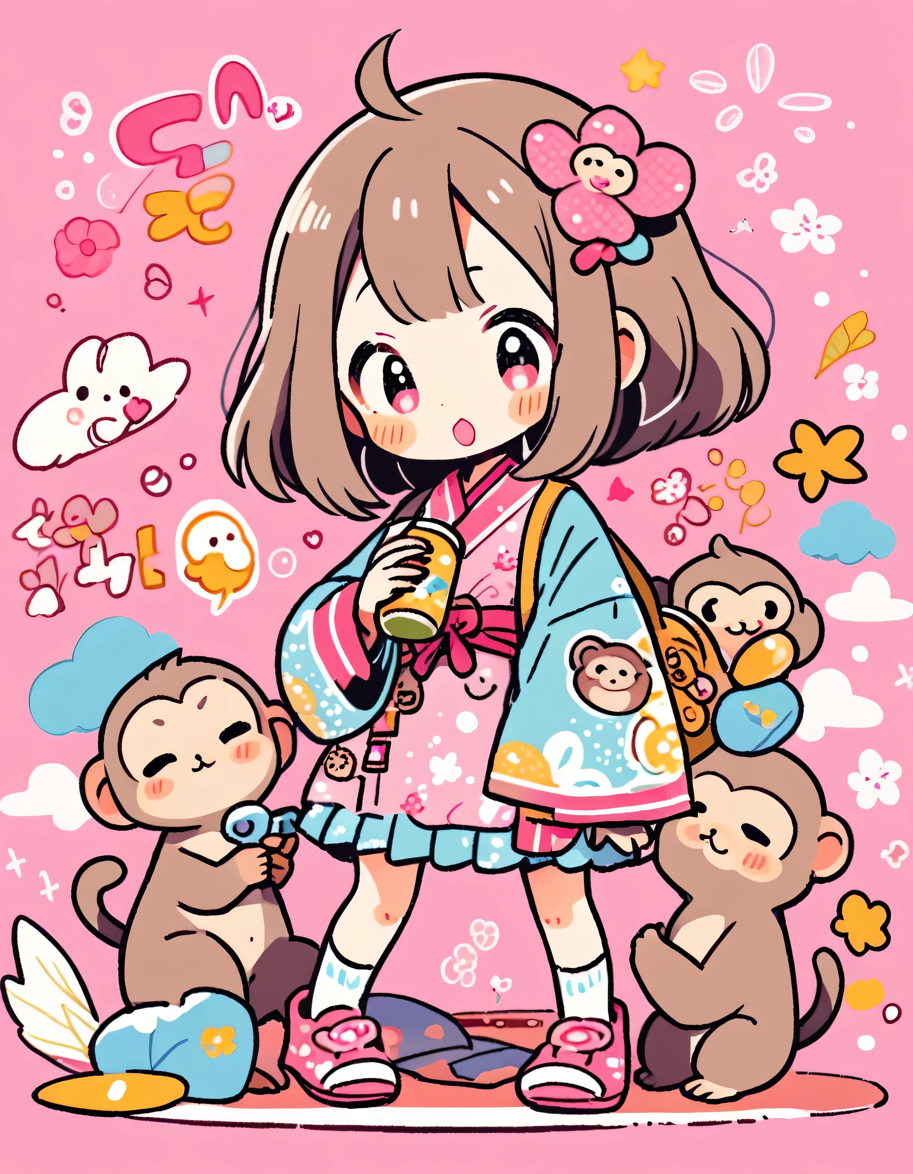 Momoko Sakura Style, Kawaii Design, most beautiful girl ever、Chibi, monkey、playing together