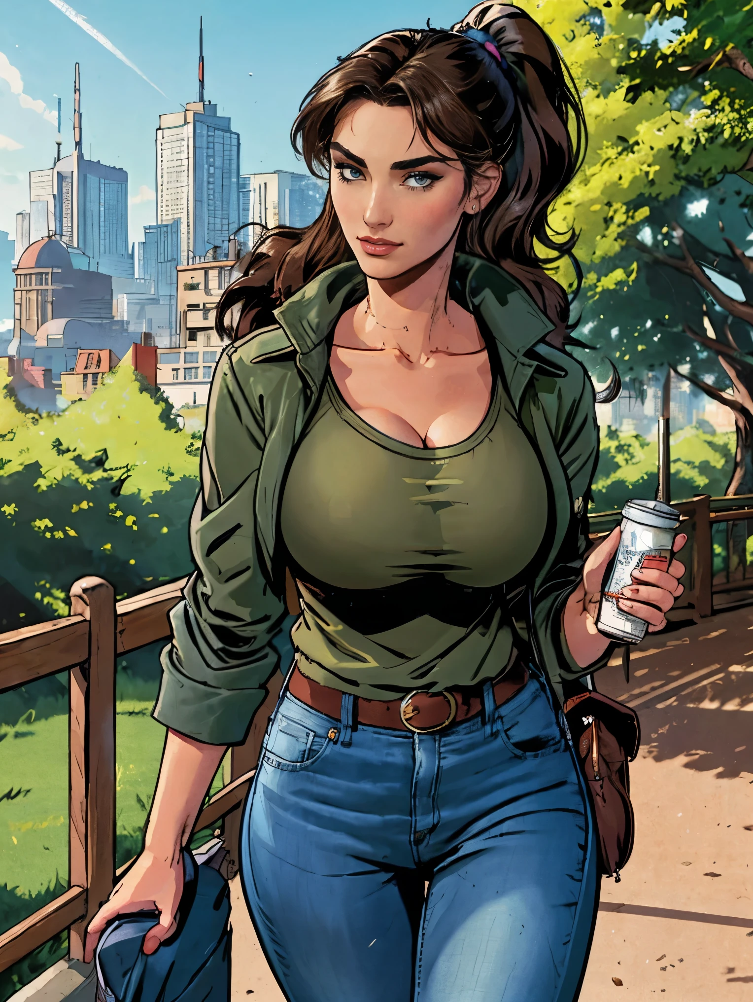 (masterpiece, top quality, best quality, official art, beautiful and aesthetic:1.2), (1girl:1.3), dark brown hair pulled back, elegant updo, extremely detailed, portrait, looking at viewer, facing viewer, solo, (full body:0.6), detailed background, close up, kindly eyes, (warm summer park theme:1.1), busty woman, charlatan, smirk, mysterious, long hair, huge ponytail, slim, thin, athletic, womanly, elastic woman, dark green jacket, tank top, blue jeans, hair bandana, camera bag, brunette, city, heroic, cheerful, city exterior, park, street, daylight, soft lighting, natural lighting, athletic, strong, slim waist, slim hips, long legs, muscular legs, modern (city park exterior:1.1) background, bright mysterious lighting, shadows, magical atmosphere, dutch angle,