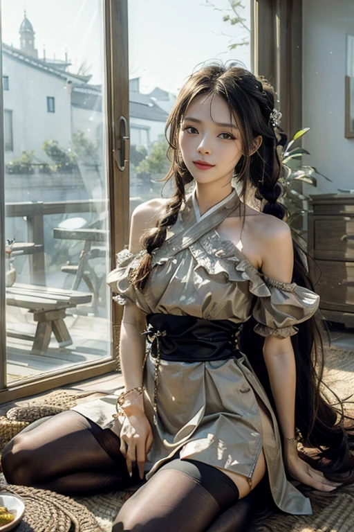 (masterpiece, best quality:1.2),Reality, high resolution, Soft Light,1 Woman, Solitary, Hip lift, View Viewer, (Delicate face), Smile,beautiful girl, Hanfu, east asian architecture,scabbard,architecture, Black over-the-knee stockings, Large Breasts,open chest,Show your shoulders,long hair,大long hair,(pigtail,Braids on both sides of the face), Upper Body, Jewelry, Extra long ribbon, legs open,sit
