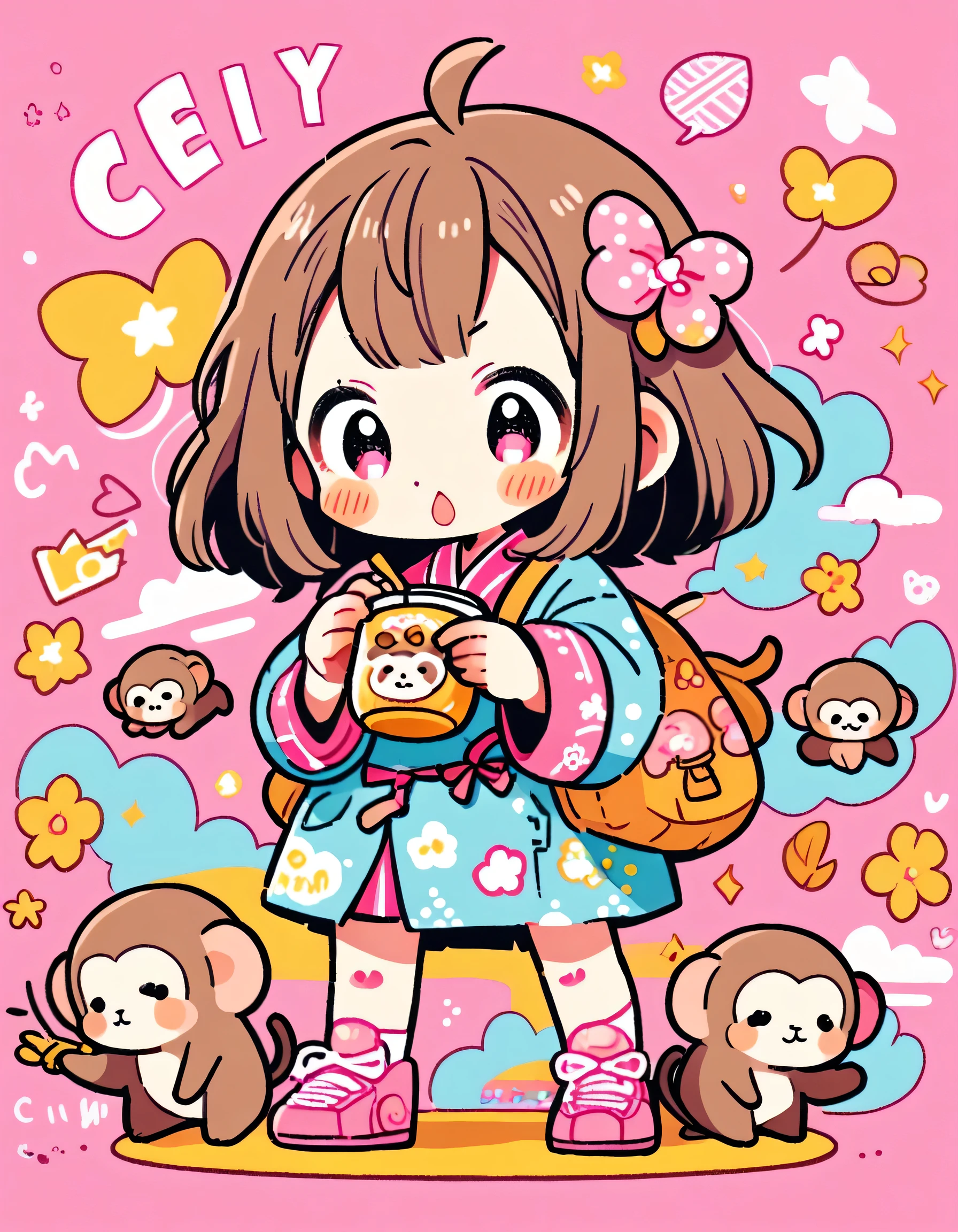 Momoko Sakura Style, Kawaii Design, most beautiful girl ever、Chibi, monkey、playing together