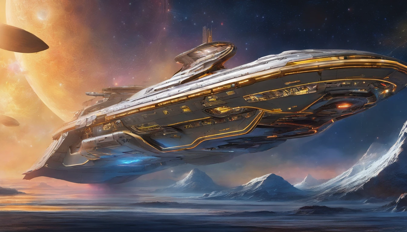 Create a highly detailed, photorealist, hyperrealist, hyperdetailed, masterpiece, seamlessly blending the artistic styles of George Lucas and Leonardo Da Vinci. The subject of the new painting showcases an extraordinary, futuristic sci-fi portrait of an immense starship.
The primary colors of the starship are neon gold and ruby red, creating a striking contrast against the vastness of space. Cream-colored crystalline nacelles, elegantly angled at 75 degrees, emit a mesmerizing neon yellow light, adding to the ship's futuristic allure.
The design of the starship draws inspiration from the visionary styles of George Lucas and the intricate mechanical sketches of Leonardo Da Vinci. Its silhouette echoes the iconic Agamemnon from Babylon 5, featuring distinctive elements such as a 1974 Winnebago-inspired cylindrical bridge. This bridge commands attention with its impressive dimensions: 108 feet in length, 72 feet in width, and towering 36 feet high above the rest of the ship.
Moving along the starship, the cylindrical middle section extends 72 feet in height, 288 feet in length, and spans 144 feet in width, showcasing intricate details and geometric patterns that reflect both artistic mastery and advanced technology. The streamlined mid-section, reminiscent of a Freightliner in its sleek design, stretches a staggering 576 feet in length, emphasizing the ship's immense scale and capability.
Against the backdrop of deep space, speckled with distant stars and nebulae, the starship exudes a sense of grandeur and exploration. The play of light and shadow across its surfaces enhances the realism of the painting, highlighting every curve, panel, and intricate detail of its construction.
This futuristic masterpiece invites viewers to imagine the possibilities of space exploration and technological innovation. It encapsulates the essence of science fiction, where imagination and creativity converge to envision a future where humanity ventures beyond the stars.