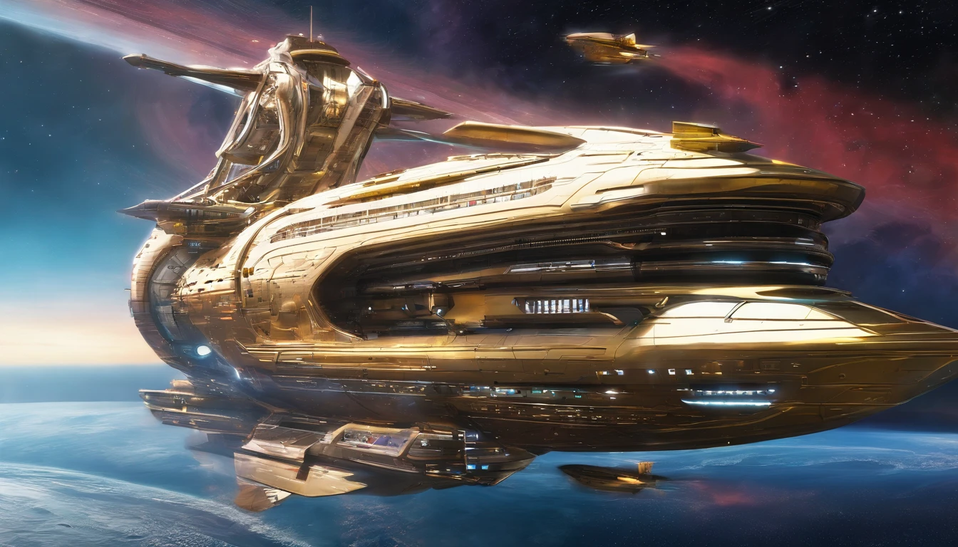 Create a highly detailed, photorealist, hyperrealist, hyperdetailed, masterpiece, seamlessly blending the artistic styles of George Lucas and Leonardo Da Vinci. The subject of the new painting showcases an extraordinary, futuristic sci-fi portrait of an immense starship.
The primary colors of the starship are neon gold and ruby red, creating a striking contrast against the vastness of space. Cream-colored crystalline nacelles, elegantly angled at 75 degrees, emit a mesmerizing neon yellow light, adding to the ship's futuristic allure.
The design of the starship draws inspiration from the visionary styles of George Lucas and the intricate mechanical sketches of Leonardo Da Vinci. Its silhouette echoes the iconic Agamemnon from Babylon 5, featuring distinctive elements such as a 1974 Winnebago-inspired cylindrical bridge. This bridge commands attention with its impressive dimensions: 108 feet in length, 72 feet in width, and towering 36 feet high above the rest of the ship.
Moving along the starship, the cylindrical middle section extends 72 feet in height, 288 feet in length, and spans 144 feet in width, showcasing intricate details and geometric patterns that reflect both artistic mastery and advanced technology. The streamlined mid-section, reminiscent of a Freightliner in its sleek design, stretches a staggering 576 feet in length, emphasizing the ship's immense scale and capability.
Against the backdrop of deep space, speckled with distant stars and nebulae, the starship exudes a sense of grandeur and exploration. The play of light and shadow across its surfaces enhances the realism of the painting, highlighting every curve, panel, and intricate detail of its construction.
This futuristic masterpiece invites viewers to imagine the possibilities of space exploration and technological innovation. It encapsulates the essence of science fiction, where imagination and creativity converge to envision a future where humanity ventures beyond the stars.