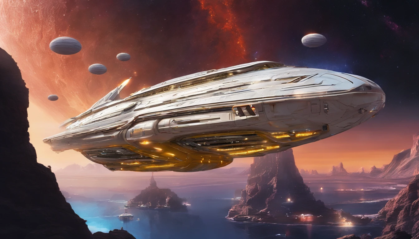 Create a highly detailed, photorealist, hyperrealist, hyperdetailed, masterpiece, seamlessly blending the artistic styles of George Lucas and Leonardo Da Vinci. The subject of the new painting showcases an extraordinary, futuristic sci-fi portrait of an immense starship.
The primary colors of the starship are neon gold and ruby red, creating a striking contrast against the vastness of space. Cream-colored crystalline nacelles, elegantly angled at 75 degrees, emit a mesmerizing neon yellow light, adding to the ship's futuristic allure.
The design of the starship draws inspiration from the visionary styles of George Lucas and the intricate mechanical sketches of Leonardo Da Vinci. Its silhouette echoes the iconic Agamemnon from Babylon 5, featuring distinctive elements such as a 1974 Winnebago-inspired cylindrical bridge. This bridge commands attention with its impressive dimensions: 108 feet in length, 72 feet in width, and towering 36 feet high above the rest of the ship.
Moving along the starship, the cylindrical middle section extends 72 feet in height, 288 feet in length, and spans 144 feet in width, showcasing intricate details and geometric patterns that reflect both artistic mastery and advanced technology. The streamlined mid-section, reminiscent of a Freightliner in its sleek design, stretches a staggering 576 feet in length, emphasizing the ship's immense scale and capability.
Against the backdrop of deep space, speckled with distant stars and nebulae, the starship exudes a sense of grandeur and exploration. The play of light and shadow across its surfaces enhances the realism of the painting, highlighting every curve, panel, and intricate detail of its construction.
This futuristic masterpiece invites viewers to imagine the possibilities of space exploration and technological innovation. It encapsulates the essence of science fiction, where imagination and creativity converge to envision a future where humanity ventures beyond the stars.