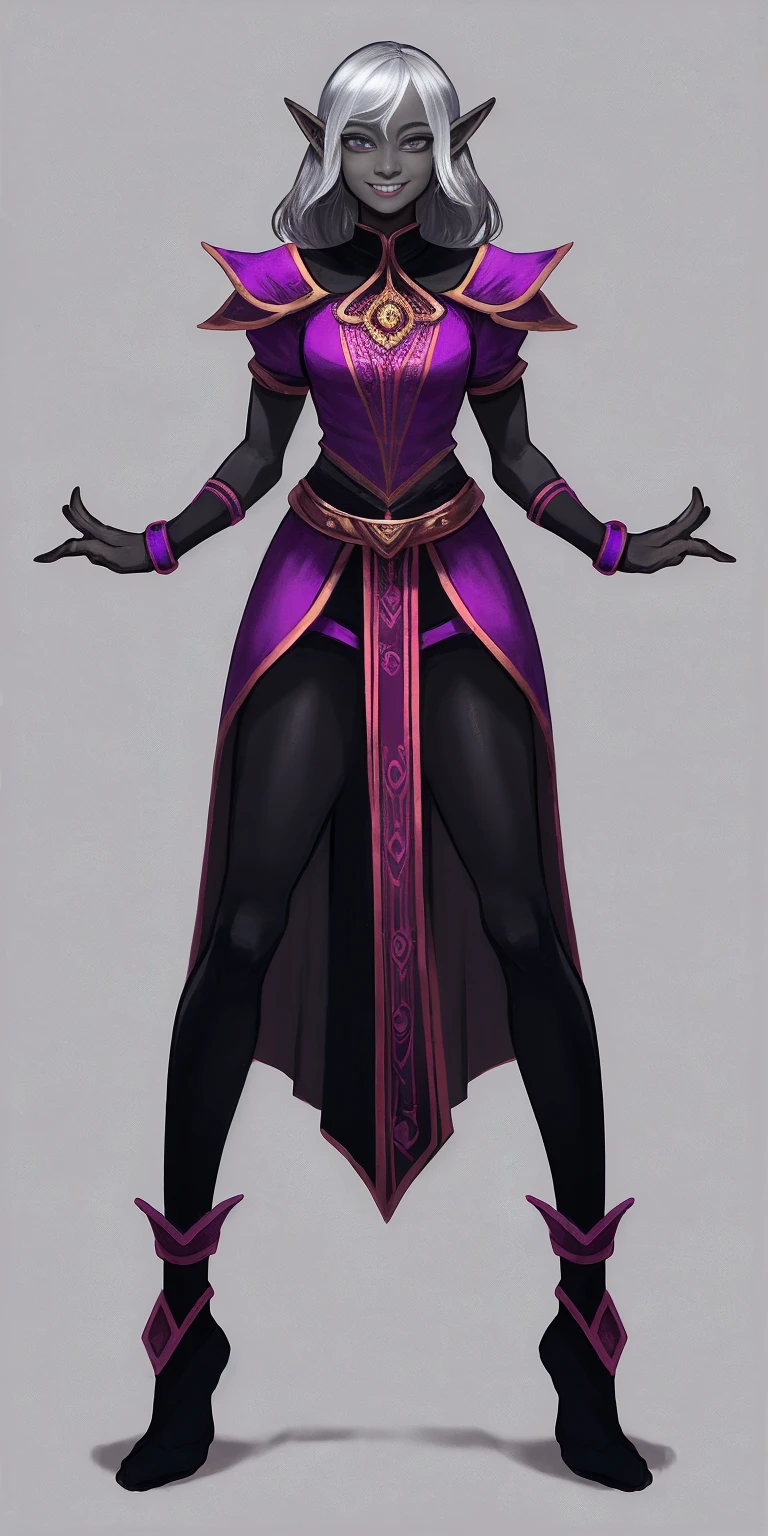 ((1girl)) full body, standing symmetrical contrapposto grey skin drow elf mature, detailed happy face, purple eyes, wristband