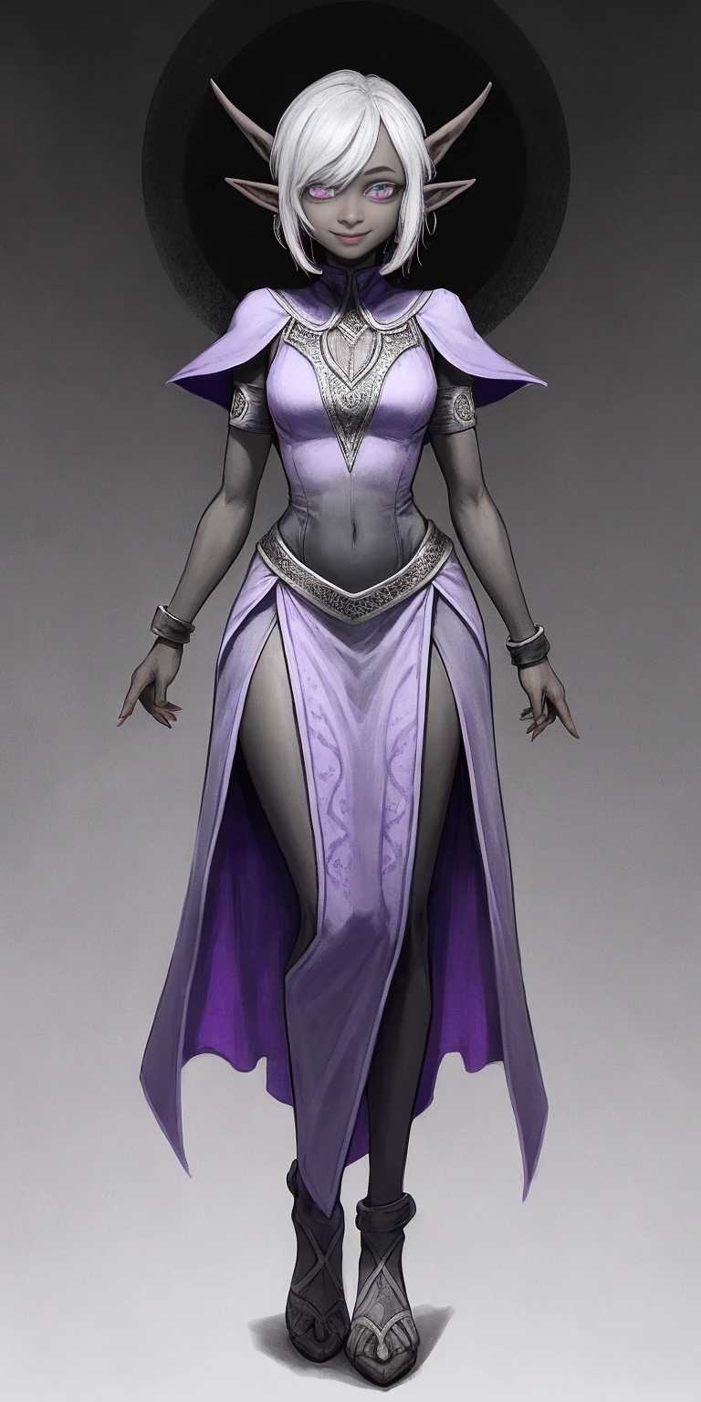 ((1girl)) full body, standing symmetrical contrapposto grey skin drow elf mature, detailed happy face, purple eyes, wristband
