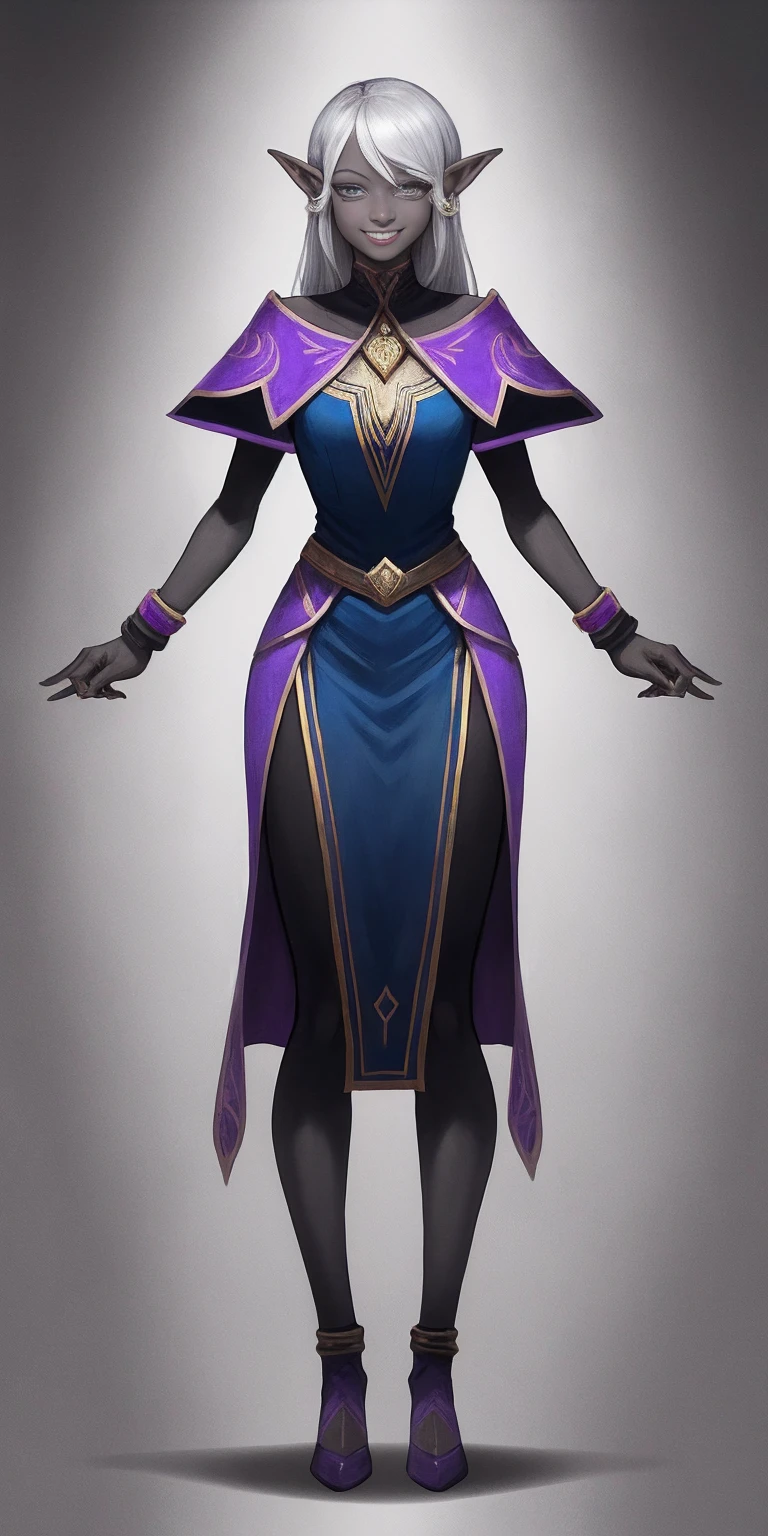 ((1girl)) full body, standing symmetrical contrapposto grey skin drow elf mature, detailed happy face, purple eyes, wristband