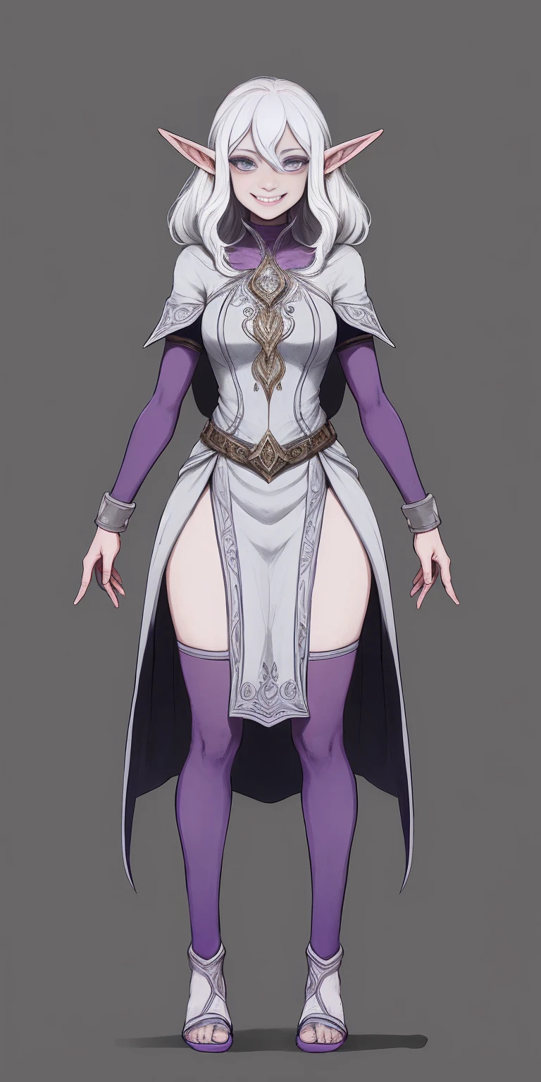 ((1girl)) full body, standing symmetrical contrapposto grey skin drow elf mature, detailed happy face, purple eyes, wristband