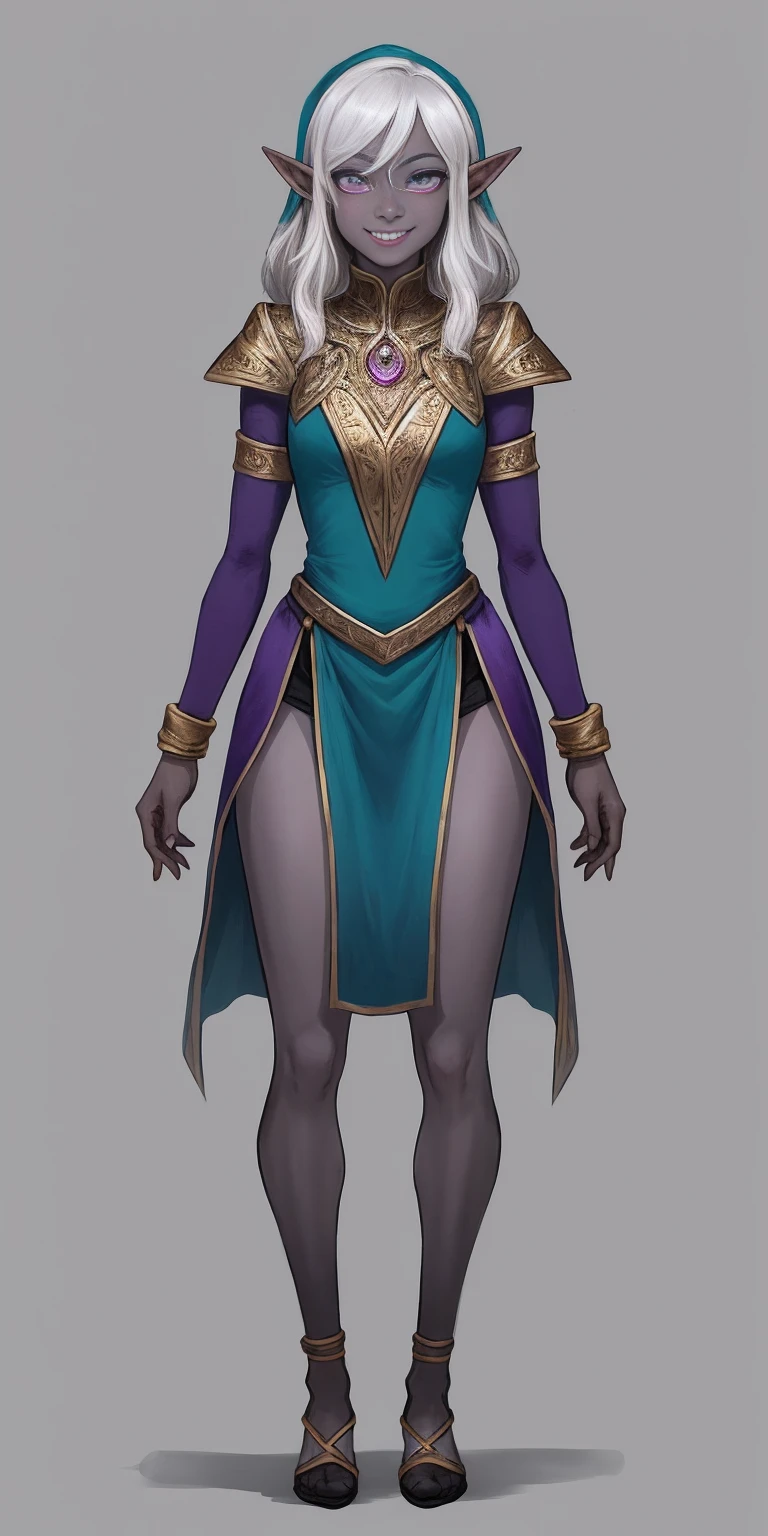 ((1girl)) full body, standing symmetrical contrapposto grey skin drow elf mature, detailed happy face, purple eyes, wristband