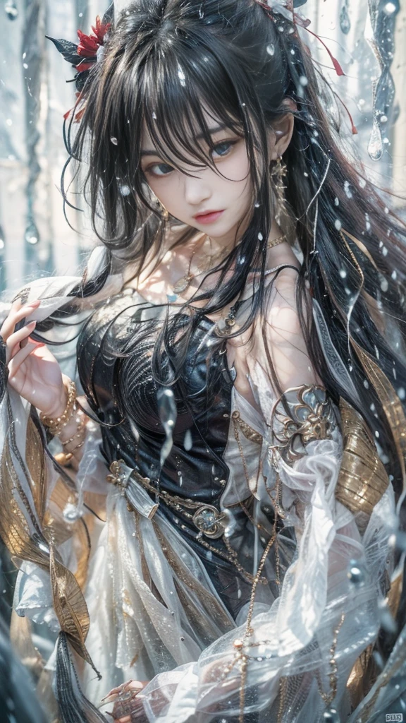 (RAW shooting, Majestic:1.3, 32k:1.5, highest quality, masterpiece, Ultra-high resolution), Perfect dynamic composition:1.3, (heavy snow, On the Cliff:0.7, Majestic背景:0.7, Expressions of sadness:0.9), 非常にDetailed肌と顔の質感:1.3, Wet slim woman:1.0, Random Shot, Fair skin:1.2, Mystical Expressions:1.0, Incredibly slim body:1.2, Fractal Art:1.1, Very beautiful face:1.1, Water droplets on the skin, (Rain drips down on my body:1.1, Wet body:1.1, Wet Hair:1.1), (Standing Pro:0.8, With a wet bouquet:0.9, Beautiful black maxi dress portrait:1.0, Woven Belt), Shapely breasts, (Big eyes that exude beautiful eroticism:0.5, Lips that exude beautiful eroticism:0.5), Detailed, I love you, Very sweet atmosphere, necklace, Earrings, bracelet