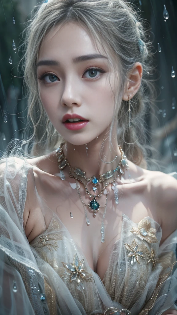 (RAW shooting, Majestic:1.3, 32k:1.5, highest quality, masterpiece, Ultra-high resolution), Perfect dynamic composition:1.3, (heavy snow, On the Cliff:0.7, Majestic背景:0.7, Expressions of sadness:0.9), 非常にDetailed肌と顔の質感:1.3, Wet slim woman:1.0, Random Shot, Fair skin:1.2, Mystical Expressions:1.0, Incredibly slim body:1.2, Fractal Art:1.1, Very beautiful face:1.1, Water droplets on the skin, (Rain drips down on my body:1.1, Wet body:1.1, Wet Hair:1.1), (Standing Pro:0.8, With a wet bouquet:0.9, Beautiful black maxi dress portrait:1.0, Woven Belt), Shapely breasts, (Big eyes that exude beautiful eroticism:0.5, Lips that exude beautiful eroticism:0.5), Detailed, I love you, Very sweet atmosphere, necklace, Earrings, bracelet