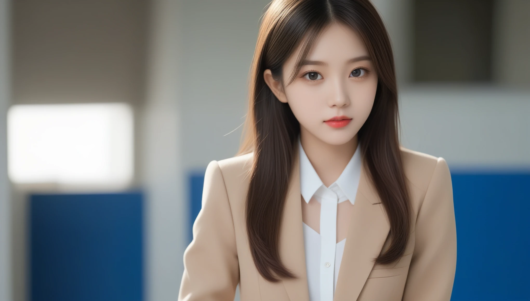 8k, Ultra-high resolution, highest quality, masterpiece, Surreal, photograph, 1 girl, (16 years old:1.3), pretty girl, Cute Face, Beautiful eyes in every detail, 細かくdetailedに,masterpiece,Japan Female Announcer,(((Japan High School Girl Blazer Uniform)))、フィルムポートレートphotograph、One Girl、16 years old,Exposing shoulders、Straight long hair、Calm、Upper Body 、(Realistic detailedd eyes、Natural skin texture、Realistic facial details)、Soft and dramatic lighting、Depth of written boundary、Vivid details、detailed、Surreal、Light and shadow,Pop Art,Bob Cut Hair, Dynamic pose、 Sexy pose、See through 、Looking at the audience、beauty,Long neck、Laugh a little、Please close your mouth and laugh、(((Ideal body type))),A-cup small breasts :2,、Portraiture:2、Perfect Anatomy、鮮明なdetailed、detailed、Surreal、Light and shadow,Strong light,Fashion magazine cover,Thin lips