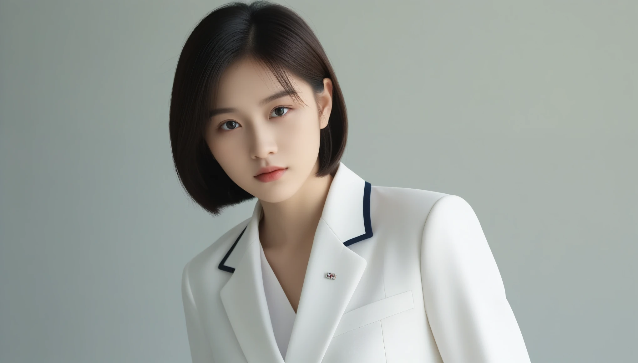 8k, Ultra-high resolution, highest quality, masterpiece, Surreal, photograph, 1 girl, (16 years old:1.3), pretty girl, Cute Face, Beautiful eyes in every detail, 細かくdetailedに,masterpiece,Japan Female Announcer,(((Japan High School Girl Blazer Uniform)))、フィルムポートレートphotograph、One Girl、16 years old,Exposing shoulders、Straight long hair、Calm、Upper Body 、(Realistic detailedd eyes、Natural skin texture、Realistic facial details)、Soft and dramatic lighting、Depth of written boundary、Vivid details、detailed、Surreal、Light and shadow,Pop Art,Bob Cut Hair, Dynamic pose、 Sexy pose、See through 、Looking at the audience、beauty,Long neck、Laugh a little、Please close your mouth and laugh、(((Ideal body type))),A-cup small breasts :2,、Portraiture:2、Perfect Anatomy、鮮明なdetailed、detailed、Surreal、Light and shadow,Strong light,Fashion magazine cover,Thin lips