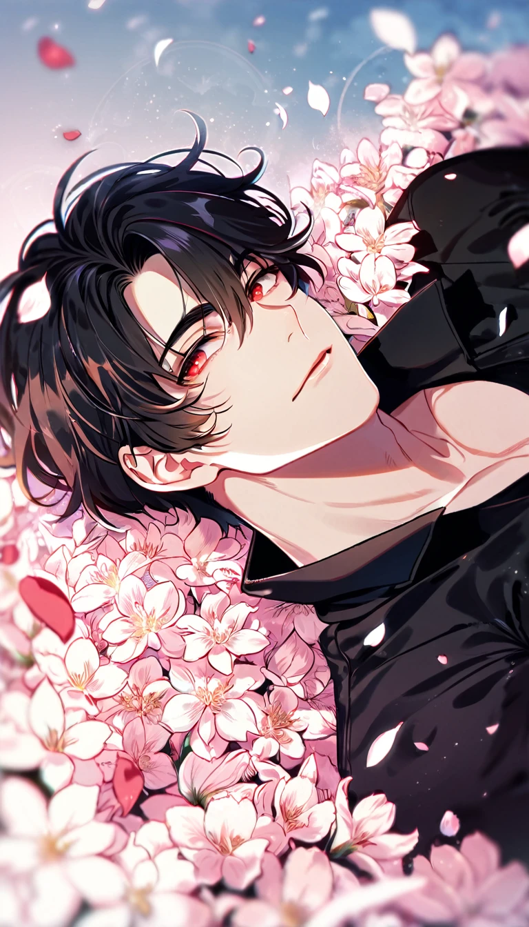 (absurdres, highres, ultra detailed, HDR) master piece, best quality, perfect face, delicated features, Han Yoohyun, black messy hair, short hair, expressive red eyes, The S Classes That I Raised, solo, sexy man, handsome, toned chest, black coat, black tight shirt, magical, petals, flowers, butterflies