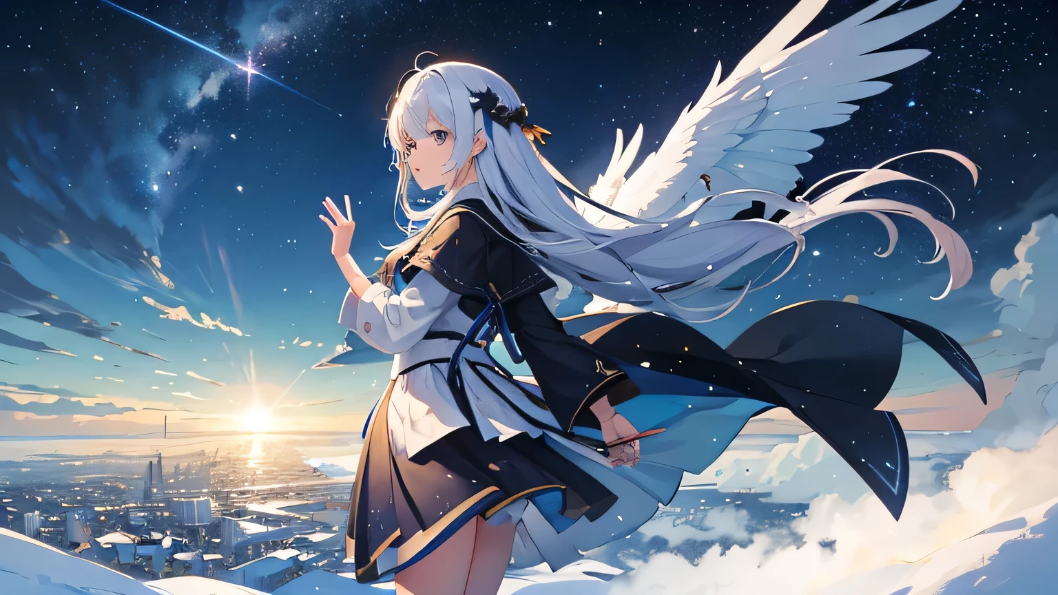 After several hours, I walk home with my boots crunching through the snow, I tilted my head back、The transparent star々I looked at. And with impressive clarity, It was as if the voice was coming from right behind me., I heard a melody so sweet and pure、I had to hug my arms to my chest to keep from collapsing.。: Under this Starry Sky、Under the skyを歩きながら思うのは、Jesus, my Savior、Poor people like you々for、That He Came to Die。Under the skyを歩きながら思うのは、Jesus, my Savior、Poor people like you々for、That He Came to Die。Under the sky、Under the Hill、Sunset over the city。. Flying Bird, winter, winter colors, Tree Leaves, Starry Sky, Prussian Blue Sky Color Cobalt Blue Purple Cyan. planet, Giant Saturn visible near Earth, Giant half moon, Bright Star, shooting star, Windblown Canyon, Pretty girl,