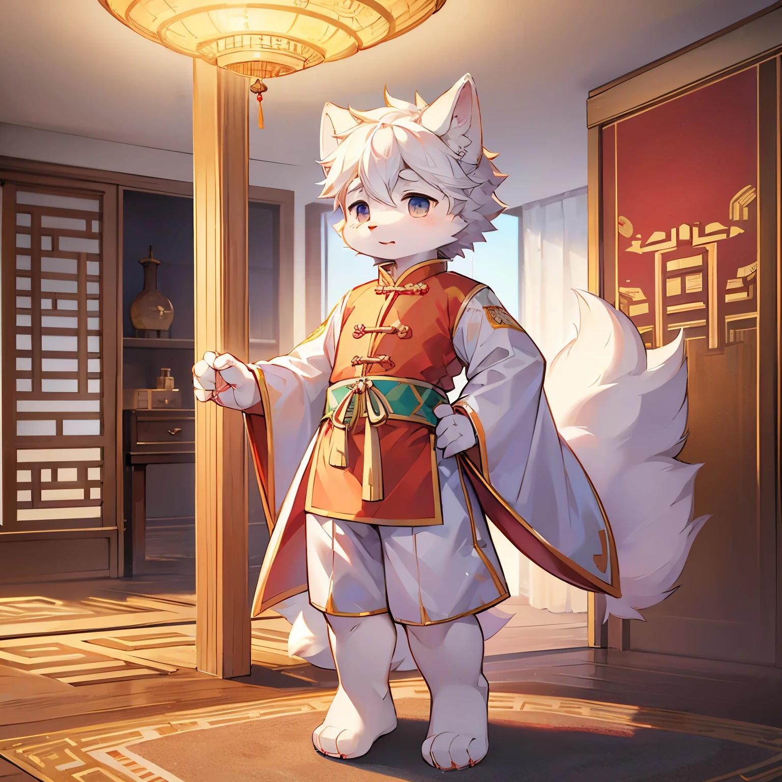 Samoyed boys，Furry people，Cute appearance，Characteristics of a two-year-old boy，Short stature，Prince，Chinese traditional clothing，Standing，Indoor bright background