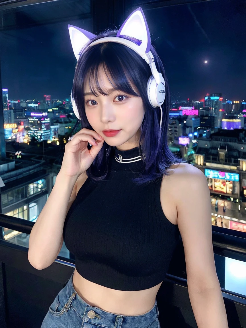 最high quality, masterpiece, 32k、Very detailed、Realistic、1 girl, Japanese women、Cute Face, (photo Actual:1.3),Bob Hair(Blue-violet hair color、Awesome blue and purple hairstyle)、Edge lighting, (Skin with attention to detail:1.2), 8k超High resolution, Single-lens reflex camera, high quality, High resolution, 4K, 8k, Optimal ratio of four fingers to one thumb, (Actual:1.3), cute 1 girl, Realistic、Super Realistic、32k、Very detailed、masterpiece, 最high quality, beautiful girl, beauty、Mecha, Beautiful lighting, (Neon Light:1.2), (night:1.5), kpop idol costumes、Sleeveless outfit、Shorts、Large Breasts(Big Tits、With a valley)、Cat ears microphone headphones(Headphones with microphone gaming headgear、Head Fan)、Are standing、Cyber Neon、Future City、Skyscraper、都会のnight、Shanghai、Big cities、night景、綺麗なnight景