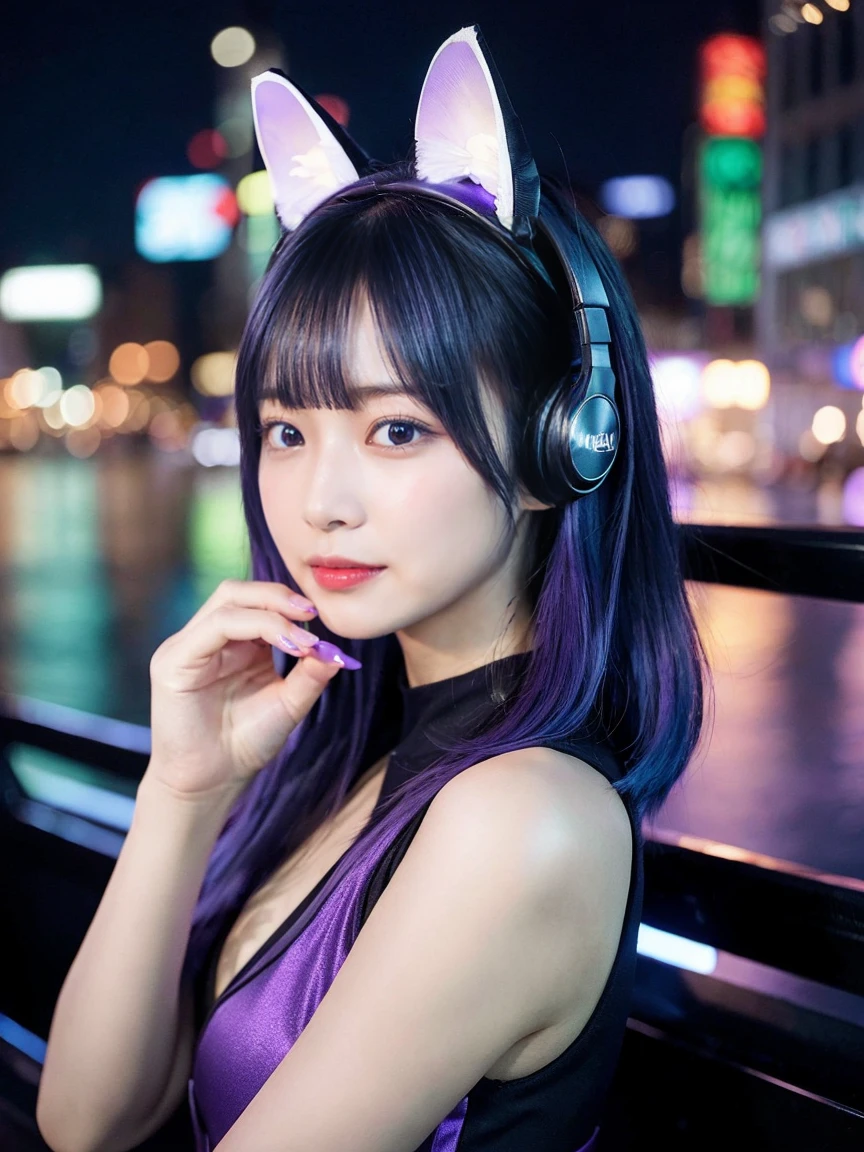 最high quality, masterpiece, 32K、Very detailed、Realistic、1 girl, Japanese women、Cute Face, (photo Actual:1.3),Bob Hair(Blue-violet hair color、Amazing blue and purple hairstyles)、Edge lighting, (Skin with attention to detail:1.2), 8k超High resolution, Single-lens reflex camera, high quality, High resolution, 4K, 8k, Optimal ratio of four fingers to one thumb, (Actual:1.3), cute 1 girl, Realistic、Super Realistic、32K、Very detailed、masterpiece, 最high quality, beautiful girl, beauty、Mecha, Beautiful lighting, (Neon Light:1.2), (night:1.5), K-Pop Idol Costumes、Grey Calvin Klein bra、Shorts、Large Breasts(big 、There is a valley)、Cat ears microphone headphones(Headphones Gaming Headgear with Mic、Head Fan)、Are standing、Cyber Neon、Future City、Skyscraper、都会のnight、Shanghai、big cities、night景、綺麗なnight景