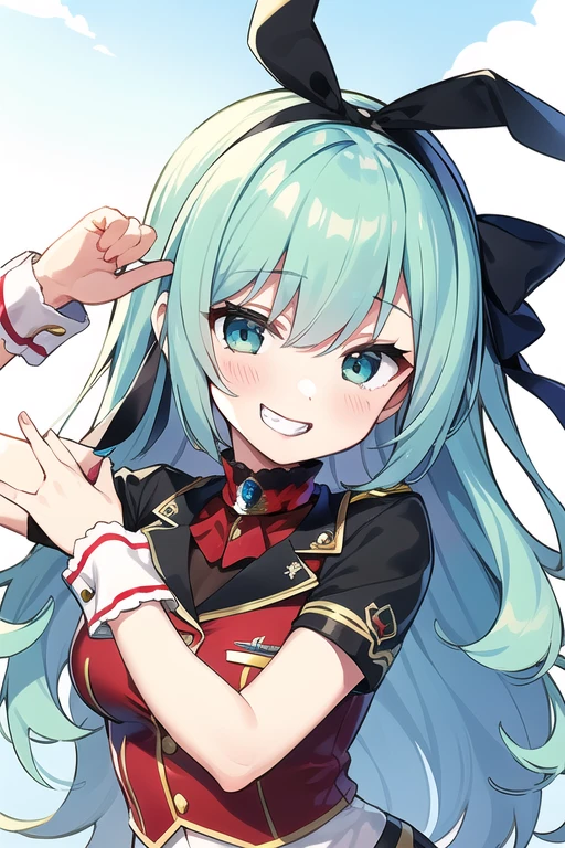 masterpiece,best quality,1girl,cure marine,wavy hair,aqua hair,white thighhighs,wrist cuffs,hair ribbon,grin,upper body,