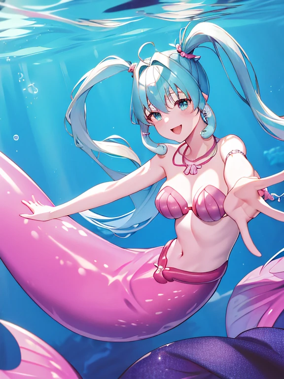 masterpiece, best quality, highres, hmnl, mermaid, twintails, blue eyes, long hair, ahoge, hair ornament, jewelry, pink mermaid, shell bikini, bracelet, earrings, shell necklace, underwater, ocean, smile, cowboy shot, reaching out, open mouth,