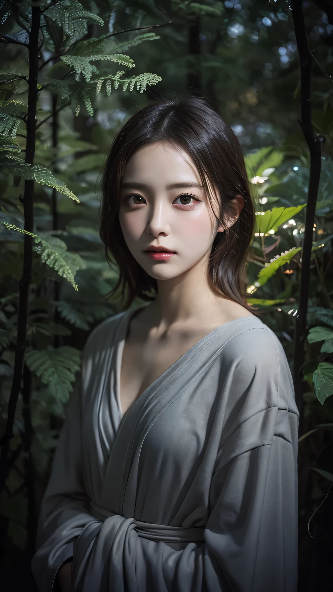 Beautiful girl in a gray robe standing in a dark forest, Magnificent style, Octane Rendering, Desert Composition, Beautiful Face, Surreal, Oil on canvas, Award-winning, masterpiece, Trending on Art Station, Studio Ghibli