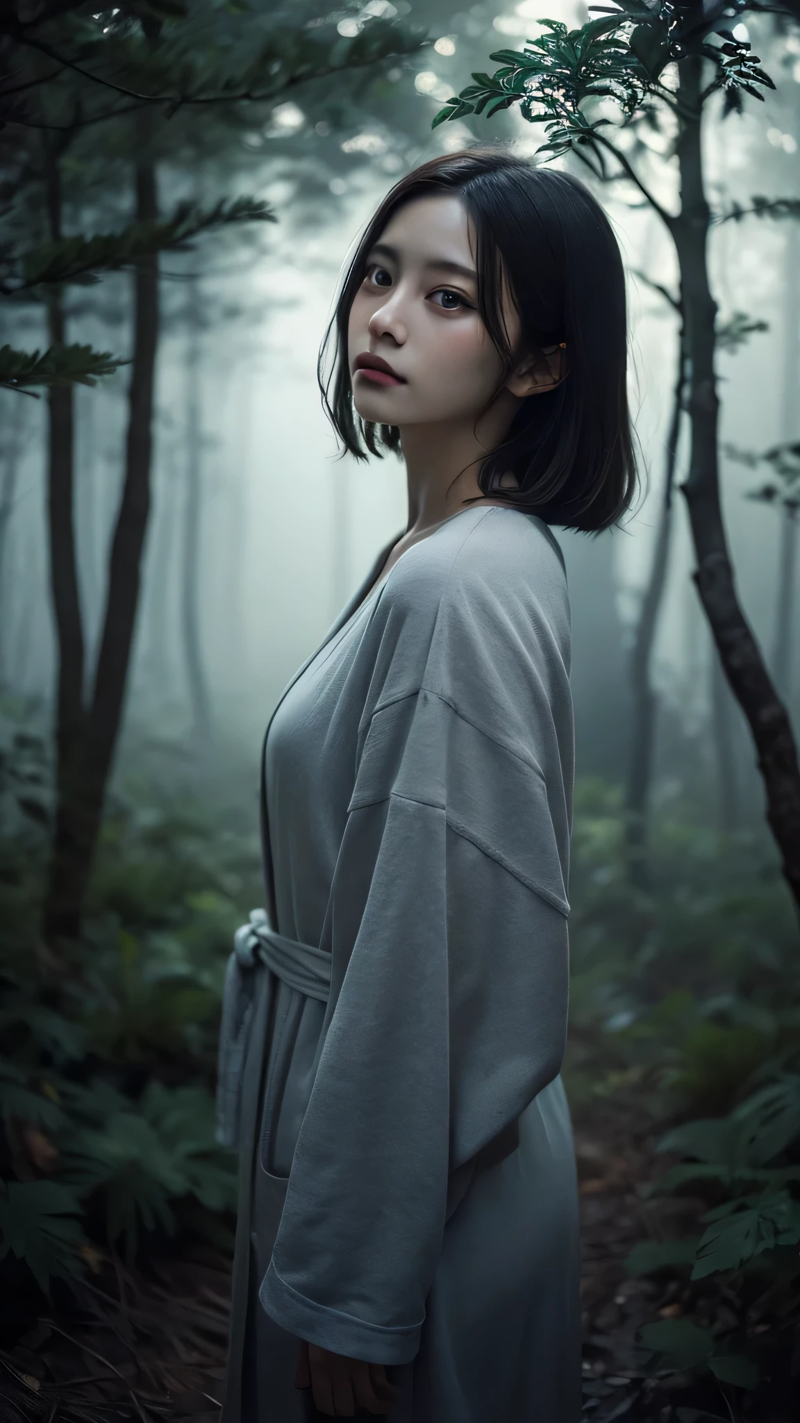 Beautiful girl in a gray robe standing in a dark forest, Magnificent style, Octane Rendering, Desert Composition, Beautiful Face, Surreal, Oil on canvas, Award-winning, masterpiece, Trending on Art Station, Studio Ghibli