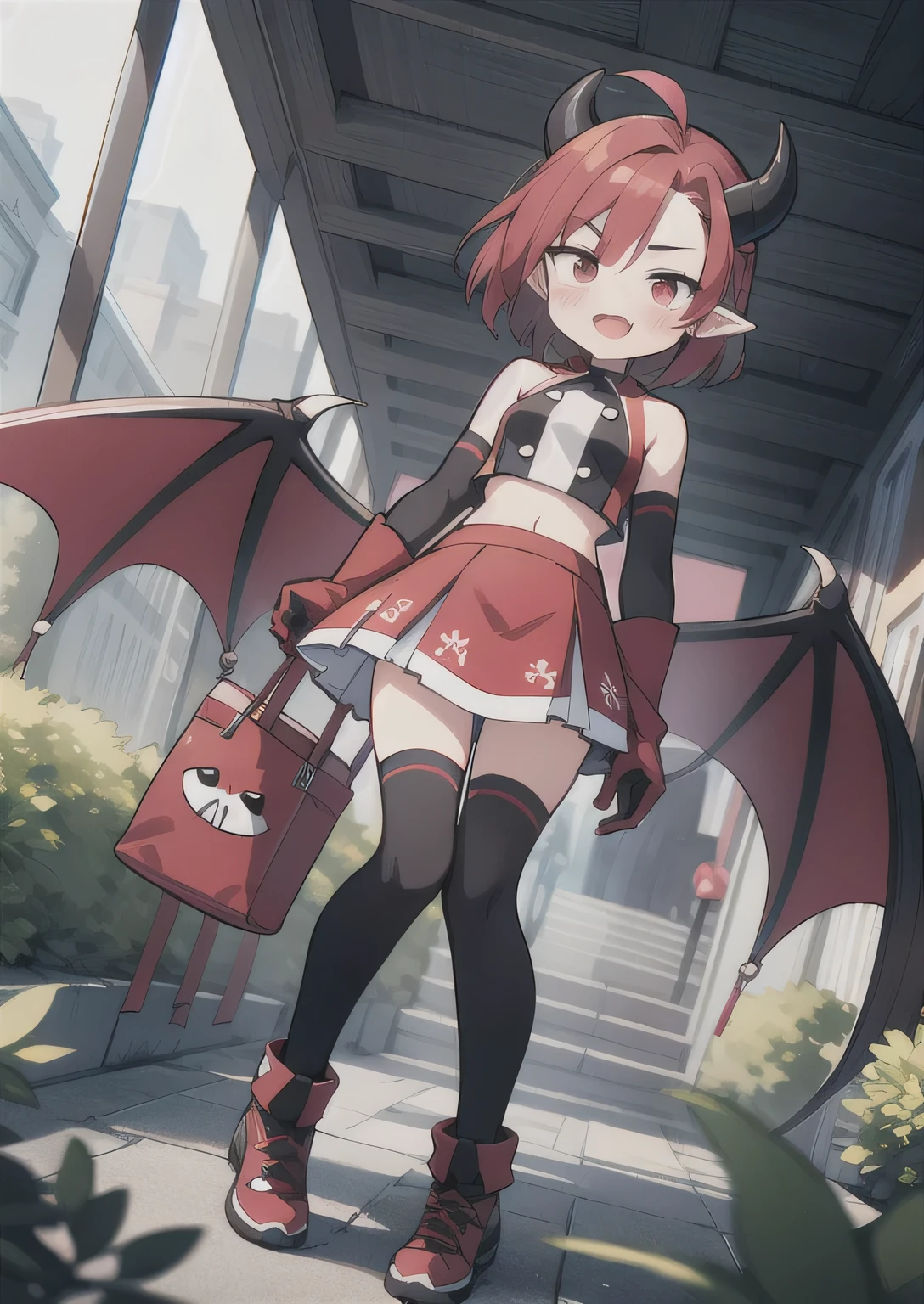 8K, 1girl, petit, adult. kawaii vampire, crimson hair, short hair, red eyes, fang, bat wings, smile, (blush), (shy), pointed ears, looking at viewer,  dynamic angle, wind, game cg, fantastic scenery, devil tail,  demon tail, thin tail, black horns, medium breast, show full body, hot springs, yokai, yokai pet, monster, latex, sexy, horny, shiny 