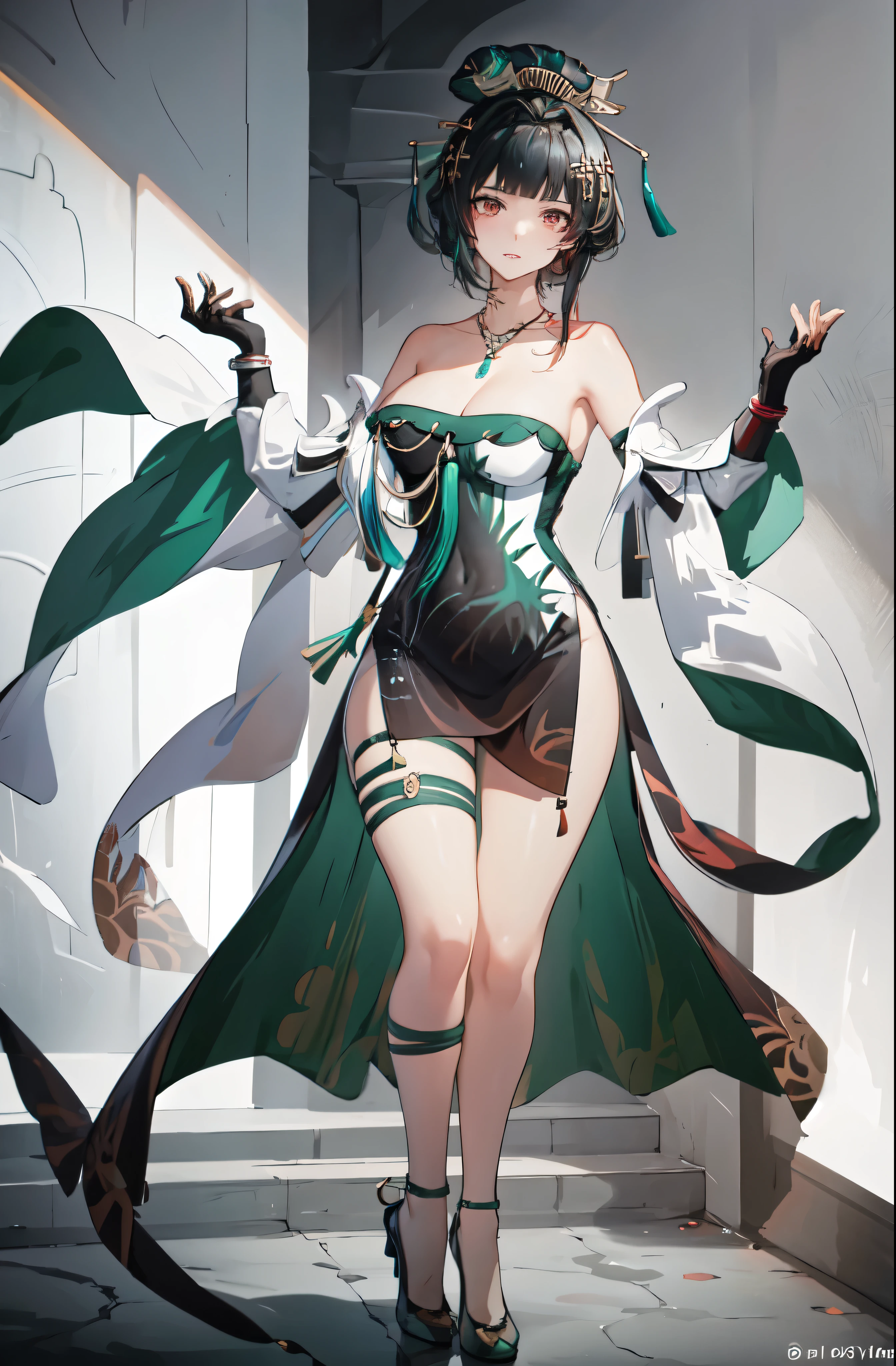 masterpiece, best quality BREAK solo, china dress, highres, Super detailed, very detailed, highest quality, best quality, super detailed, 1girl, standing, (large breasts), mature female, hanying, Full body drawing, (masterpiece), (best quality), (hyperdetail), (illustration), ((extremely delicate and beautiful)), (detailed light), (prefect's body), full body drawing, Hanying, HanYing, sexy, sexy belly, sexy belly line, sexy belly button