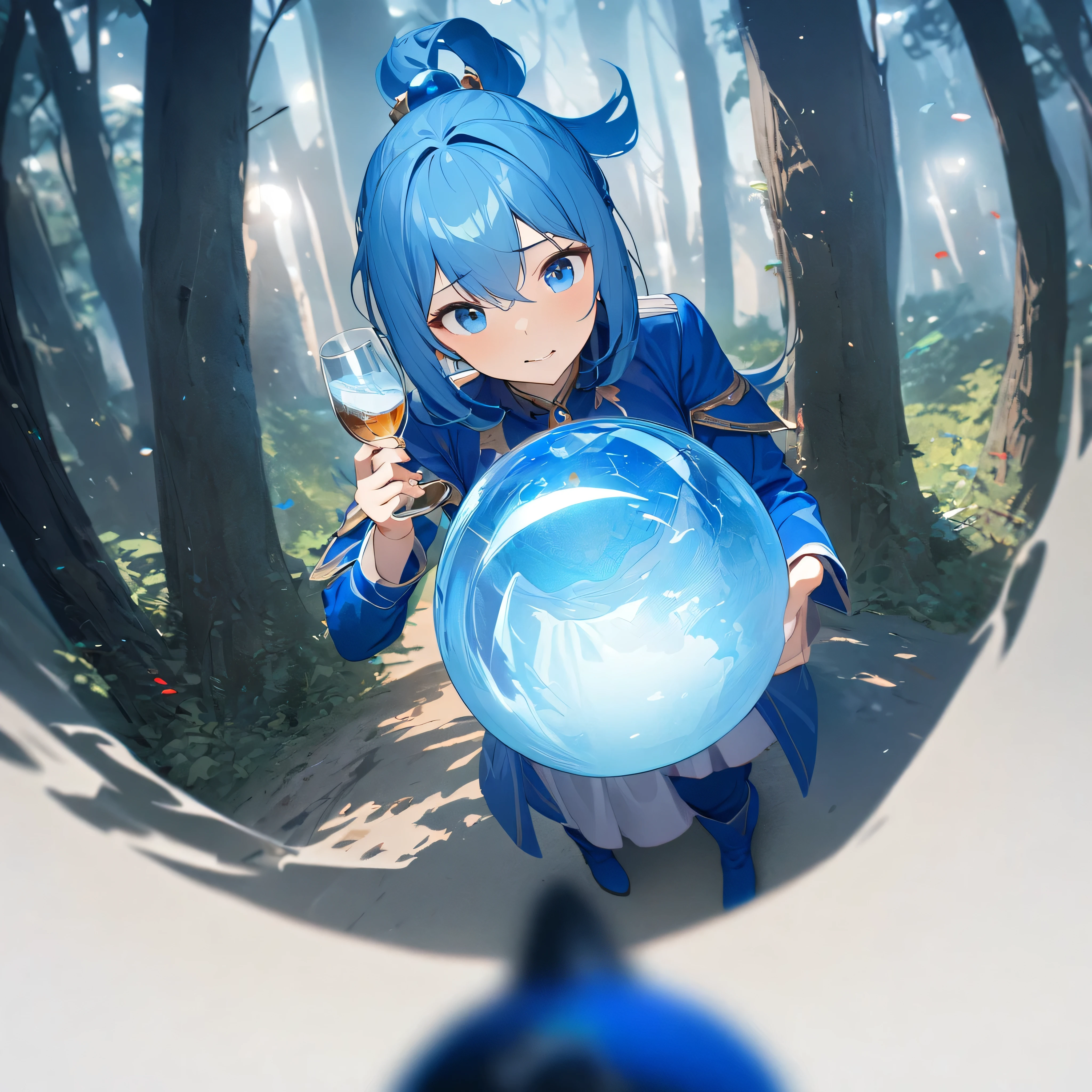 A woman wearing blue costume, long weak blue hair, ponytail hair with a blue sphere, blue leather boots, blue eyes, holding a glass of alcohol with a drunk face, walking in a fantasy forest.,full body, stereogram, tachi-e, point of view, atmospheric perspective, 8k, superdetail, accurate, best quality, award-winning, textured skin, high resolution, anatomically correct, bokeh effect, ((woman solo).
