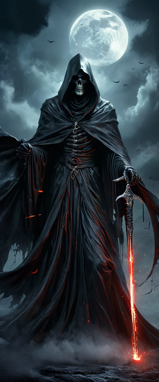 black grim reaper with a black cape and a scythe, portraits, oil painting, fine details, mysterious atmosphere, sharp focus, high contrast, dramatic lighting, black and white image, low-key lighting, vivid eyes, long flowing hair, sinister expression ,hauntingly beautiful,gothic style