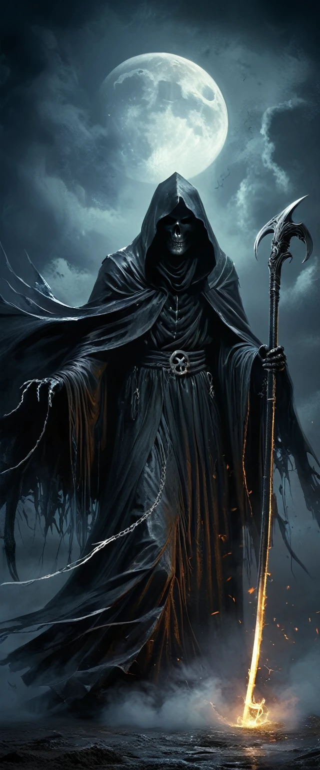 black grim reaper with a black cape and a scythe, portraits, oil painting, fine details, mysterious atmosphere, sharp focus, high contrast, dramatic lighting, black and white image, low-key lighting, vivid eyes, long flowing hair, sinister expression ,hauntingly beautiful,gothic style