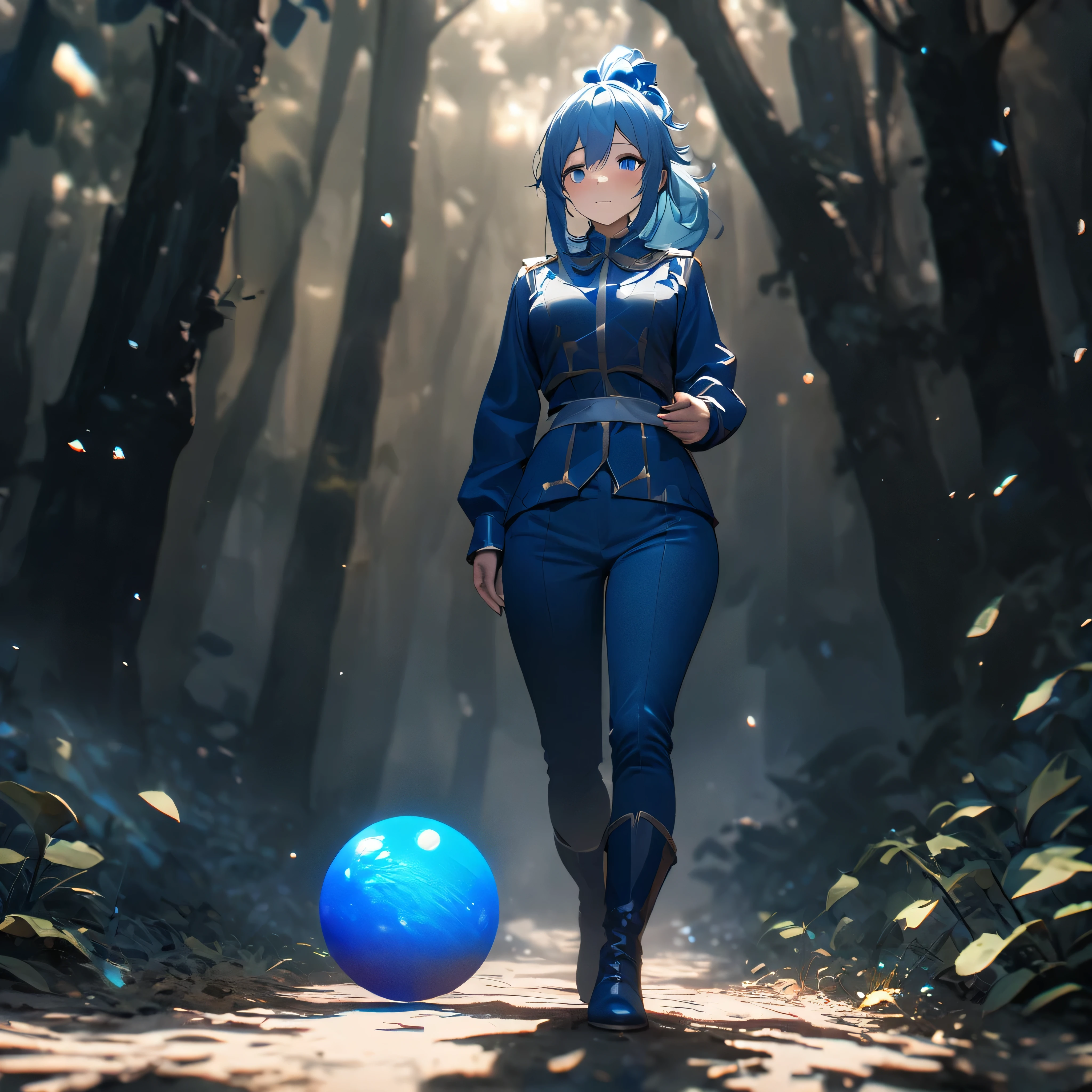 A woman wearing blue costume, long weak blue hair, ponytail hair with a blue sphere, blue leather boots, blue eyes, holding a glass of alcohol with a drunk face, walking in a fantasy forest.,full body, stereogram, tachi-e, point of view, atmospheric perspective, 8k, superdetail, accurate, best quality, award-winning, textured skin, high resolution, anatomically correct, bokeh effect, ((woman solo).
