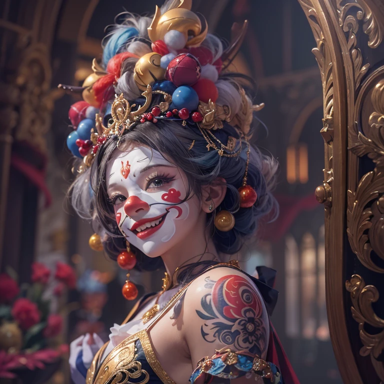 Hiding in the castle、Hair flow、 ((highest quality、masterpiece、8k、Best image quality、Ultra-high resolution、Award-winning works)、(Accurate anatomy:1.1)、(Look at me and smile:1.1)、Shining fair skin with Ultra-high resolution、The most detailed face、Ultra-high resolution detailed face、Ultra-high resolutionの髪の毛、(Ultra-high resolutionの煌めく瞳:1.1)、Beautiful face drawn in every detail、(Blurred Background:1.1)、Cheerful clown costume, Chest to chest, tattoo,、Clown Makeup、Holding a masquerade mask