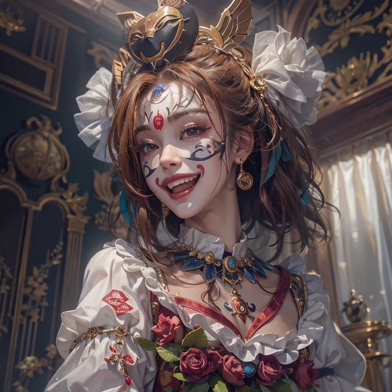 Hiding at the masquerade、Hair flow、 ((highest quality、masterpiece、8k、Best image quality、Ultra-high resolution、Award-winning works)、(Accurate anatomy:1.1)、(Look at me and smile:1.1)、Shining fair skin with Ultra-high resolution、The most detailed face、Ultra-high resolution detailed face、Ultra-high resolutionの髪の毛、(Ultra-high resolutionの煌めく瞳:1.1)、Beautiful face drawn in every detail、Cheerful clown costume, Chest to chest, tattoo,、Venice Wearing a mask, realistic photographic images